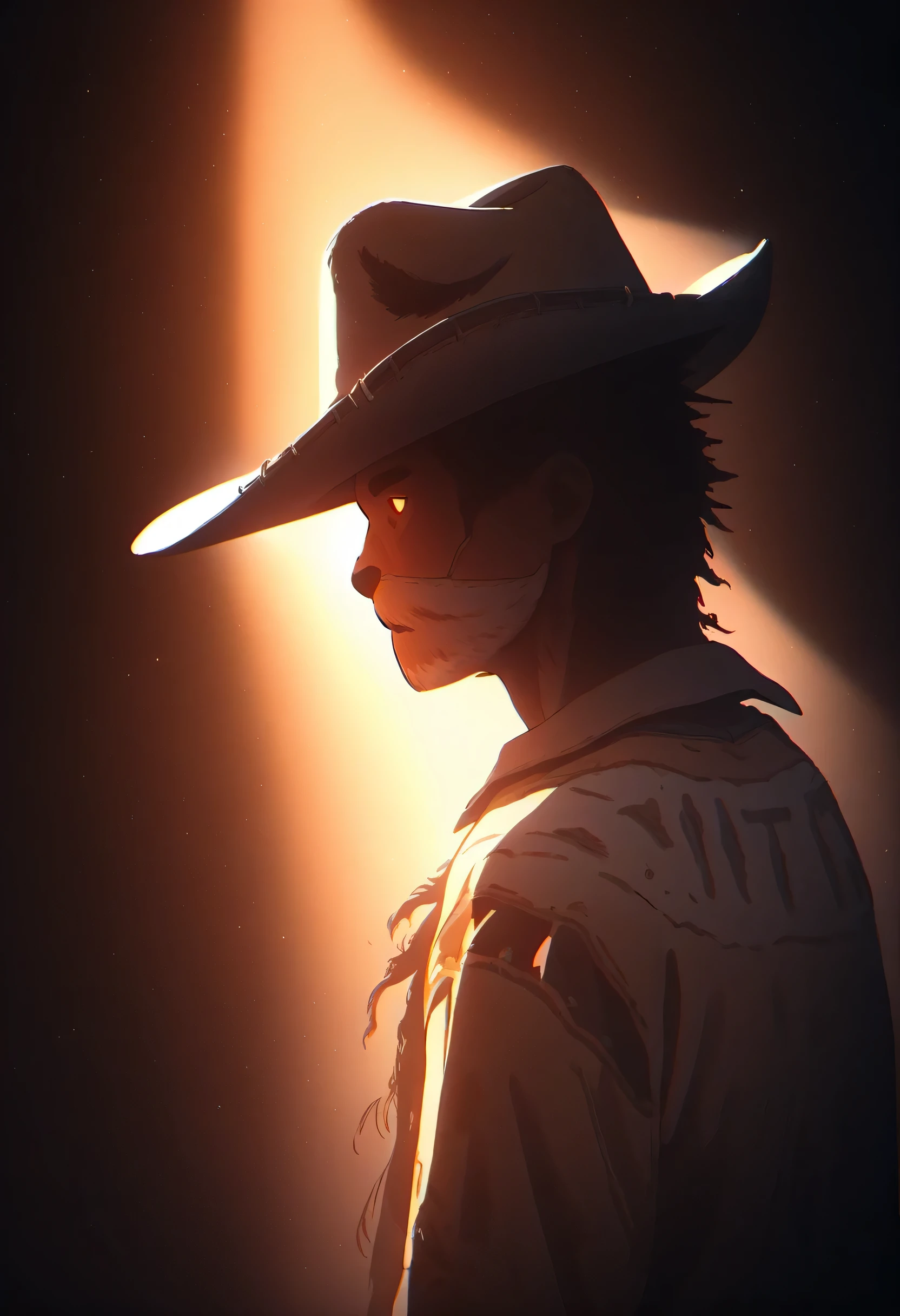 (Coyote in cowboy hat), [Back to], Coyote head,anthropology, masterpiece, light, Atmospheric lighting, Subsurface scattering,Light shines in from the door