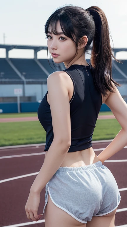 ((highest quality)), ((masterpiece)), (detailed), ((land競技のユニフォーム)),((track and field uniform)),((very short athletic bloomers:1.3)),((land))beautiful girl、21 years old、Daytime、arena、Ground、Dark brown eyes、Mouth closed、Long Hair、Knee-up-top angle of view、land、landのユニフォーム、ponytail、Hair blowing in the wind、Back view、look back、Very black hair、pretty girl、Beauty、Glowing Skin、Glowing Skin、Shiny Hair、Very white skin、Heavy makeup、Large Breasts、Slit eyes、Big Eyes、Double eyelids、Don't show your teeth、smile、clear