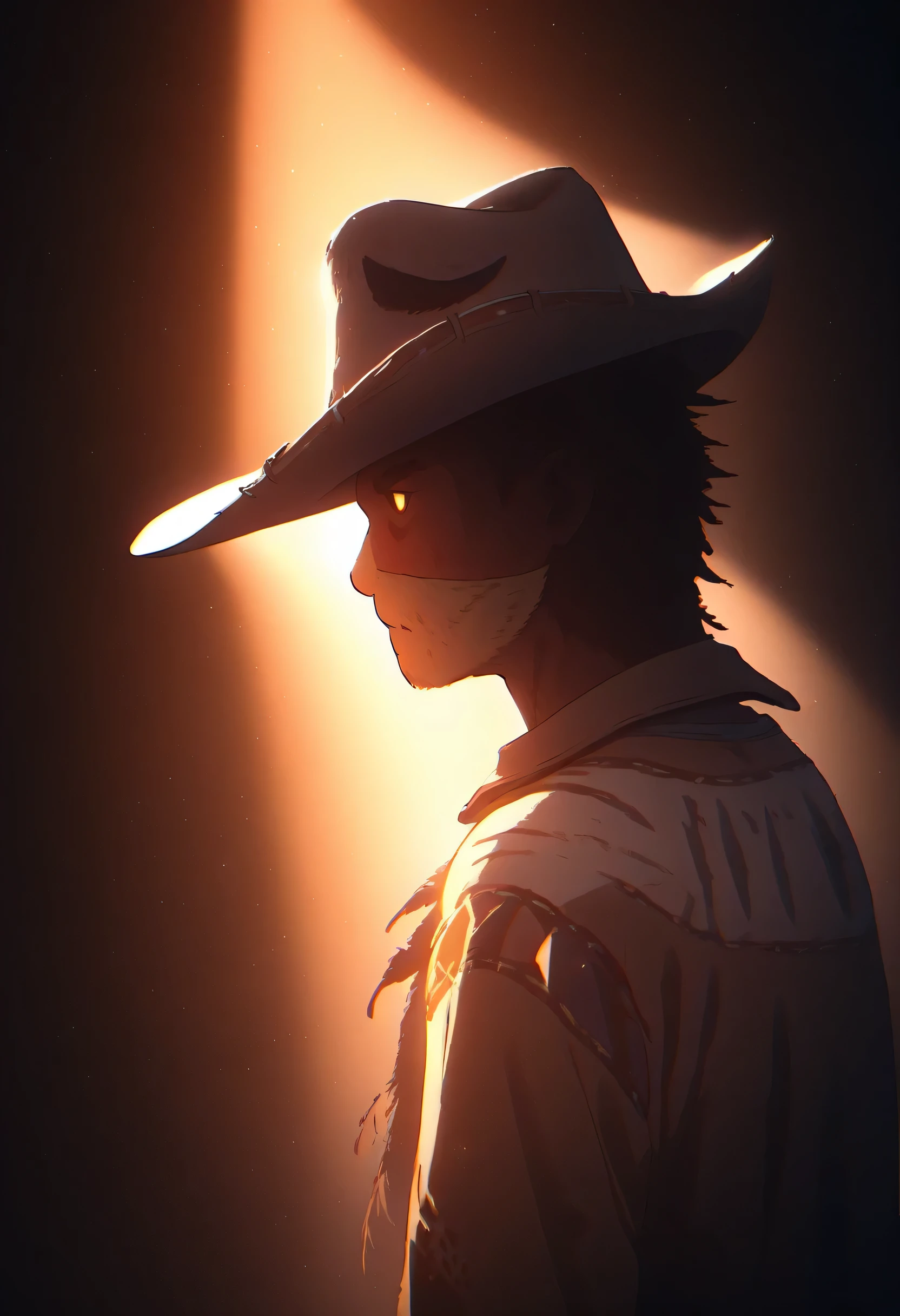 (Coyote in cowboy hat), [Back to], Coyote head,anthropology, masterpiece, light, Atmospheric lighting, Subsurface scattering,Light shines in from the door