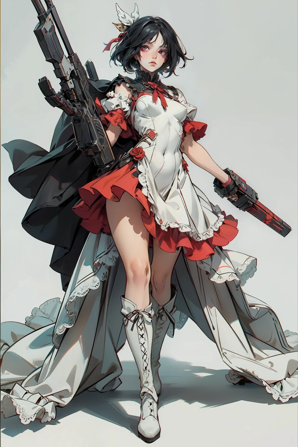 ((best quality)), ((masterpiece)), (detailed), a penitent female, blank white background, plain background, white background, red and white clothing, Bloodborne aesthetic, occult aesthetic, occult, occult paraphernalia, detailed and intricate steampunk and detailed gothic, NSFW, Very dramatic and cinematic lighting, cosmic horror, grim-dark, side-lighting, perfect face, NSFW, Fluttering lace flared dress with frilly petticoats, pleated petticoats, petticoats, complex lace boots, side-lighting, gothic aesthetic, chains, mechanical components, carbine, NSFW, beautiful small breasts, small breasts, full body, whole body, body, plain background, white background, blank background, no background, white background NSFW, full body, whole body, head-to-toe dynamic poses NSFW