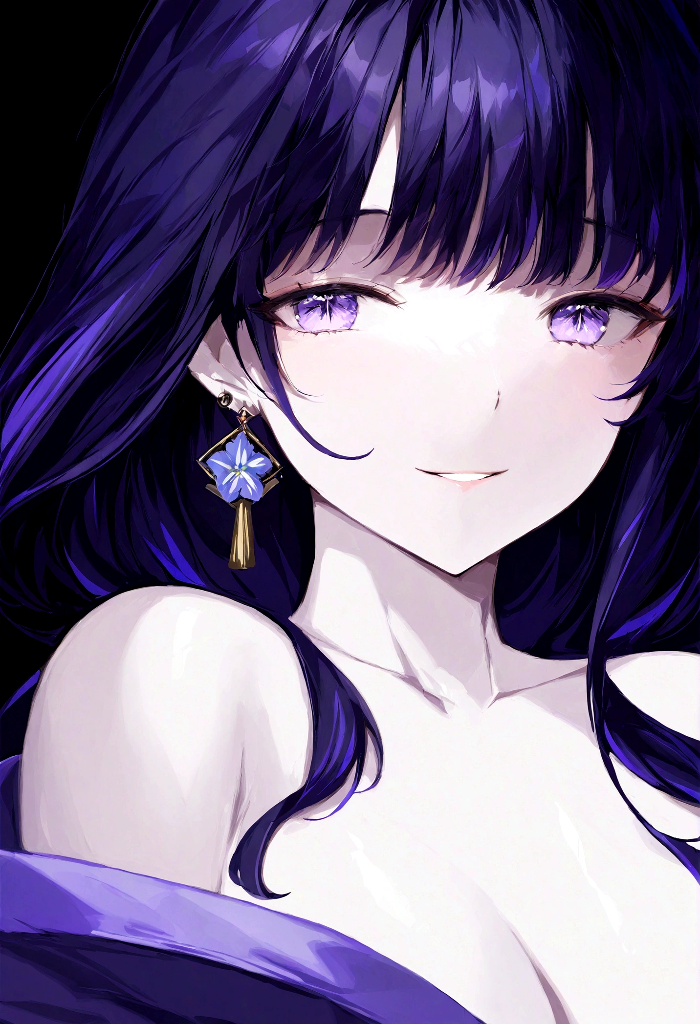 masterpiece, best quality,1girl,raiden shogun,purple theme,earring,jewelry,parted lips, smile,looking at viewer,collarbone