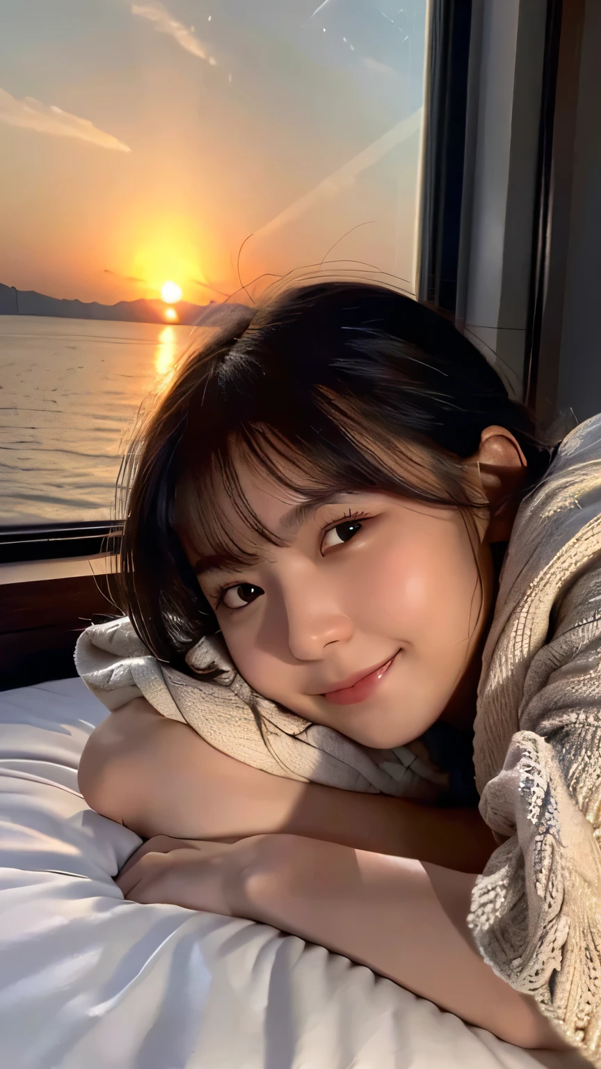 (highest quality,8k,masterpiece:1.3,),(Ultra-high resolution,Realistic:1.4,RAW Photos),(Very detailed,Caustics),(Natural skin texture,Healthy skin color),[roller:Shiita Keai:0.4],[roller:flat2:0.4],bed,blanket,(Sleeping on your stomach),18-year-old,cute,Black hair medium hair,I'm looking at the camera with a smile on my face,Silk Income,big ,sunset seen from the window,(Front shot),Bust up shot,(Face Focus),(Face close-up),(Low position:1.1),(Low Angle:1.1)