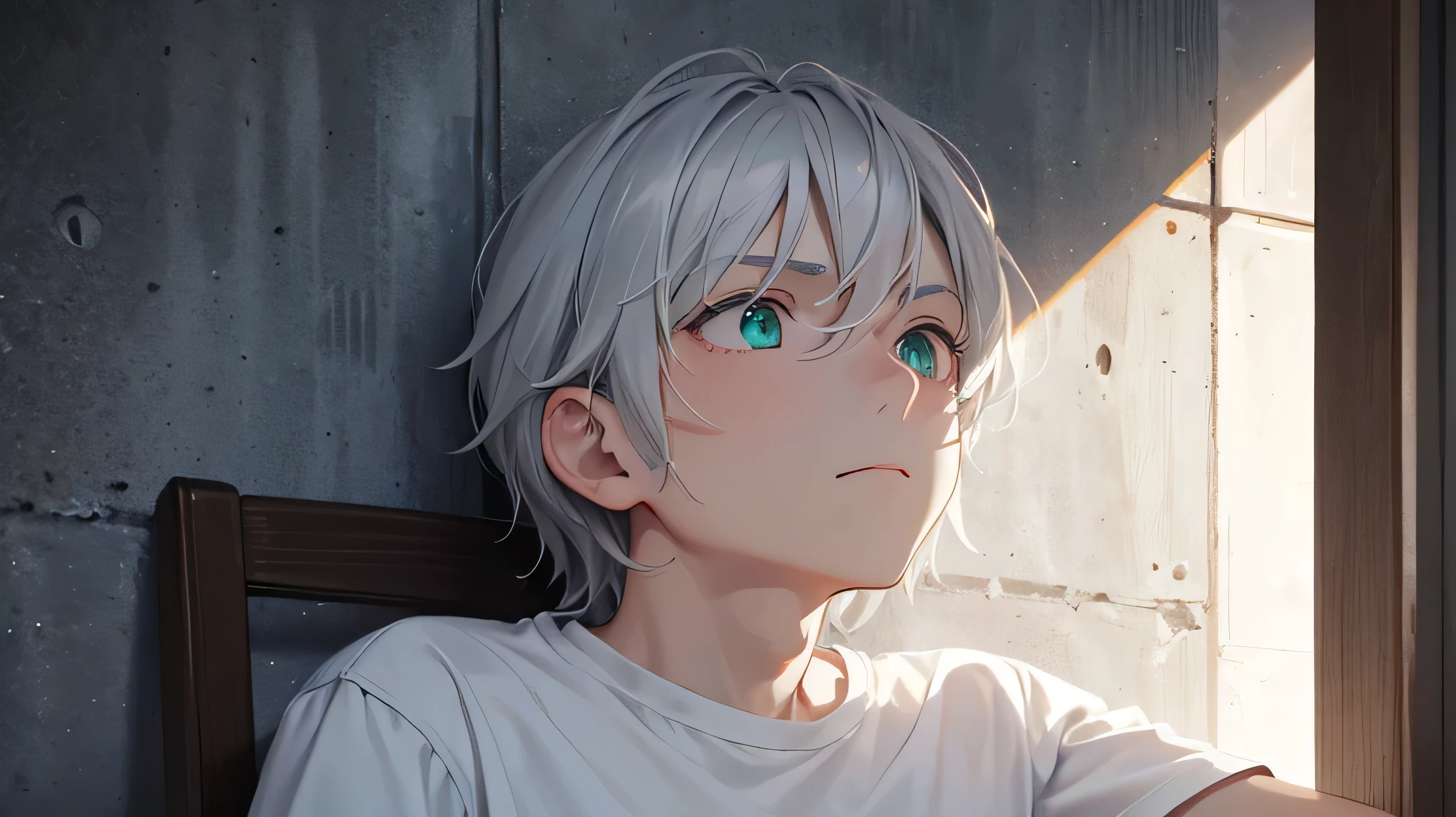 a close up person, a genuine gray-haired boy with a gloomy face without a pale expression in a shabby t-shirt sitting in the corner of the wall, looking up with a dead gaze looking at the point view but his green eyes are covered by his hair, sunlight shines in from the side darken the other side