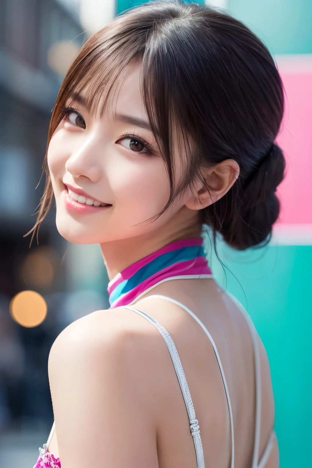 high quality, High resolution, masterpiece, completion, detailed.impressive, Cutting-edge female photography portraits, Showcasing a bold and daring street-art style. Facing forward、beautiful woman、smile、laugh、cyan, and purple, Her vibrant makeup really catches the eye., Her colorful hair is tied up high, Blue and pink hues in harmony. 背景には蛍光クロムイエローand purpleの魅惑的なグラデーションが施されています, Blends seamlessly with the dynamic colors of your subject、This powerful combination of hyper-detailed realism and artistic expression creates a vivid,