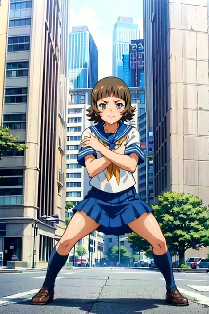 (masterpiece:1.3),(highest quality:1.4),(Super detailed:1.5),8K,High resolution,an extremely delicate and beautiful,Official Art,Perfect Anatomy,(anime_screencap:1.11),(90s Anime,90s Anime style,Cel-shaded anime:1.17),
anime coloring,detailed face and eyes, (solo:1.5),(anmnr:1.1),((ekitokuwz:1.52)),(school uniform:1.3),serafuku,short brown hair, pleated skirt, blue skirt, brown eyes, yellow neckerchief, short sleeves, japanese architecture,
Calm tone, Calm colors, Soft cinematic light, Adobe Lightroom, Photo Lab, High resolution, Complex and highly detailed, (((Depth of written boundary))))). (((masterpiece))). (((highest quality))).) ((Super detailed))). (((figure))). (((outside))). (((Combat Stance))).,((((Gigantic))).Dynamic Focus.Small breasts. (((skyscraper))). (((Cityscape))). (((Face of Sadness))). Open your mouth.