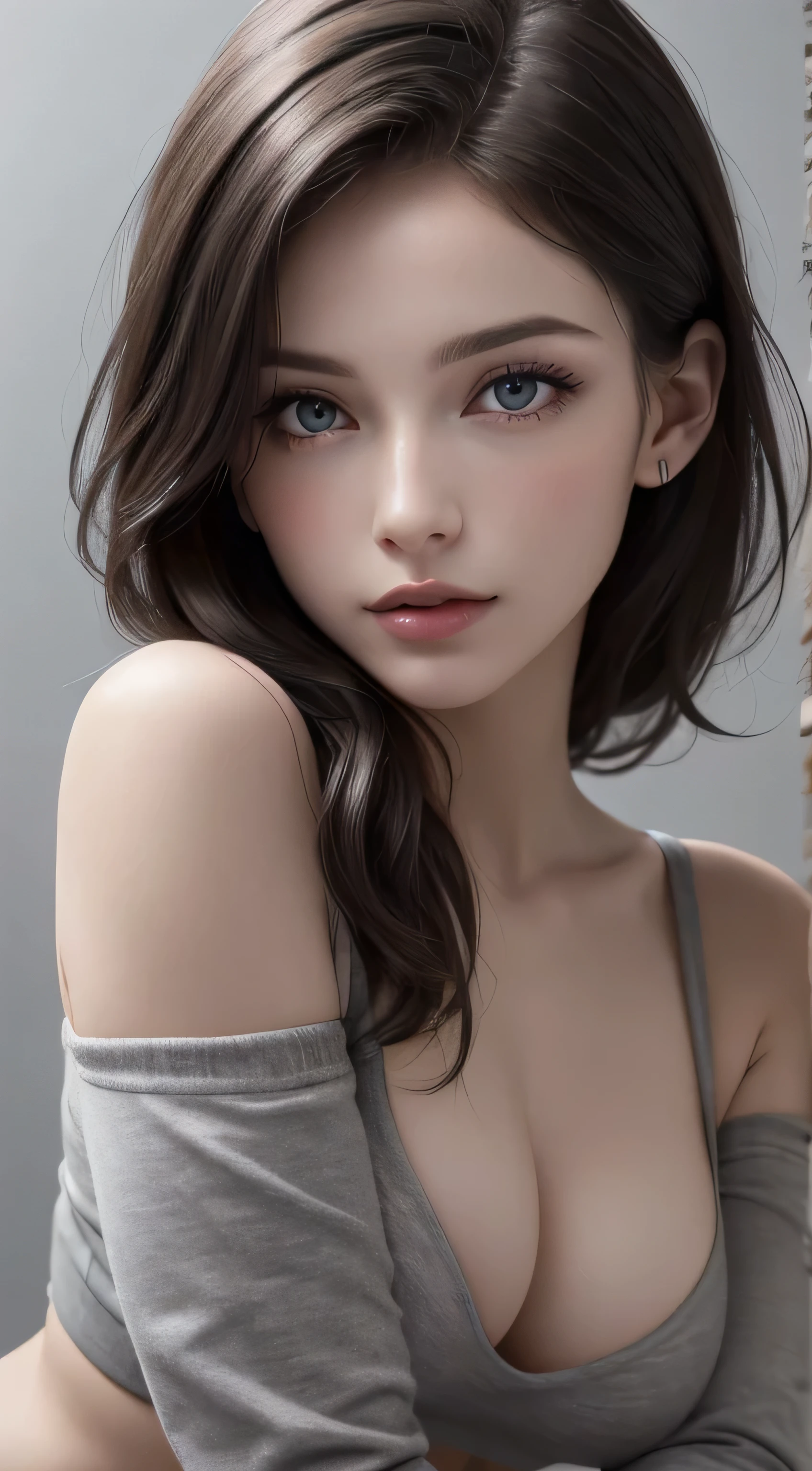 8K Ultra HD、RAWphotograph、Model photo shoot、Russian Race, European racing, (masterpiece, highest quality, photoGenuineistic, High resolution, photograph: 1.3), close, I focus, Hot Model, slim, 30 years old、Small face、Shortcuts、Dark brown hair、Beautiful eyes in every detail、Genuine skin, (Perfect body), Sexy hot face, erotic, Sexual vision, slim, Sweat top, Beautiful eyes in every detail、Glossy lips、Small breasts、、Bust B cup、((Bright light、Dynamic Lighting、Genuine、Super Genuine、 Genuineism、Genuineistic details、Cool Beauty、Cool pose、Background gray、Plain gray background