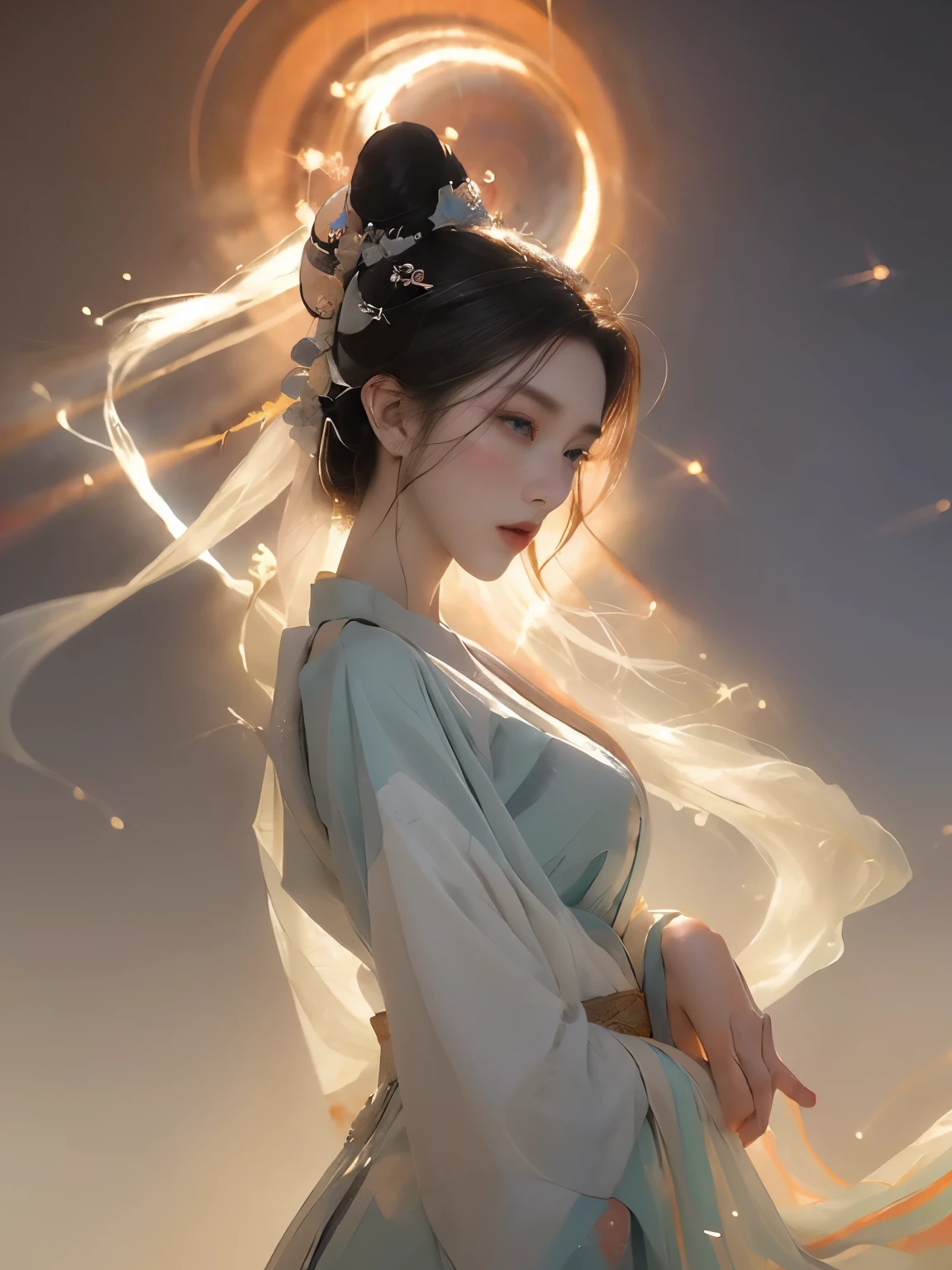 (1 Girl:1.4),Solitary, Gorgeous, Extremely detailed,(Joshua Middleton Comic Cover Art:1.1), (Action painting:1.2),(Concretism:1.2),(Hyperpolarization:1.5),rich and colorful,The most detailed,white gray background, White Hanfu, Pastel colors, (masterpiece, Top quality, best quality, Official Art, beautiful and aesthetic:1.2),