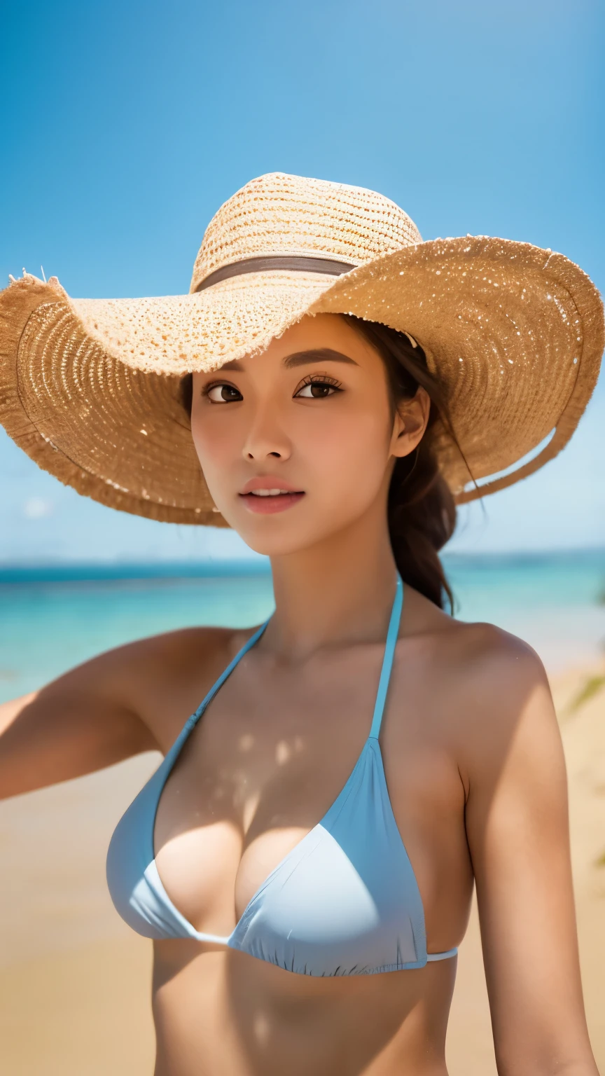 Woman looking this way、(highest quality, Natural light)、Stylish, detailed background、Swimwear、Sandy Beach