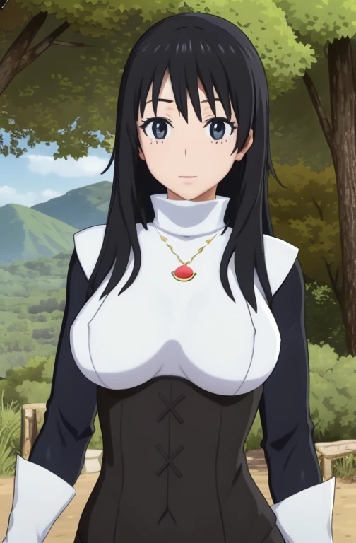 standing in front of a mountain range with trees and clouds,
 white shirt ,black leggings, jacket,blue collared shirt,
bangs,black_hair,blue_eyes,long_hair,turtleneck,
1 girl, 20yo,mature female,Beautiful Finger,Beautiful long legs,Beautiful body,Beautiful Nose,Beautiful character design, perfect eyes, perfect face,
looking at viewer, (innocent_big_eyes:1.0),(expressionless:1.3),
NSFW,official art,extremely detailed CG unity 8k wallpaper, perfect lighting,Colorful, Bright_Front_face_Lighting,
(masterpiece:1.0),(best_quality:1.0), ultra high res,4K,ultra-detailed,
photography, 8K, HDR, highres, absurdres:1.2, Kodak portra 400, film grain, blurry background, bokeh:1.2, lens flare, (vibrant_color:1.2)
(Beautiful,large_Breasts:1.4), (beautiful_face:1.5),(narrow_waist),