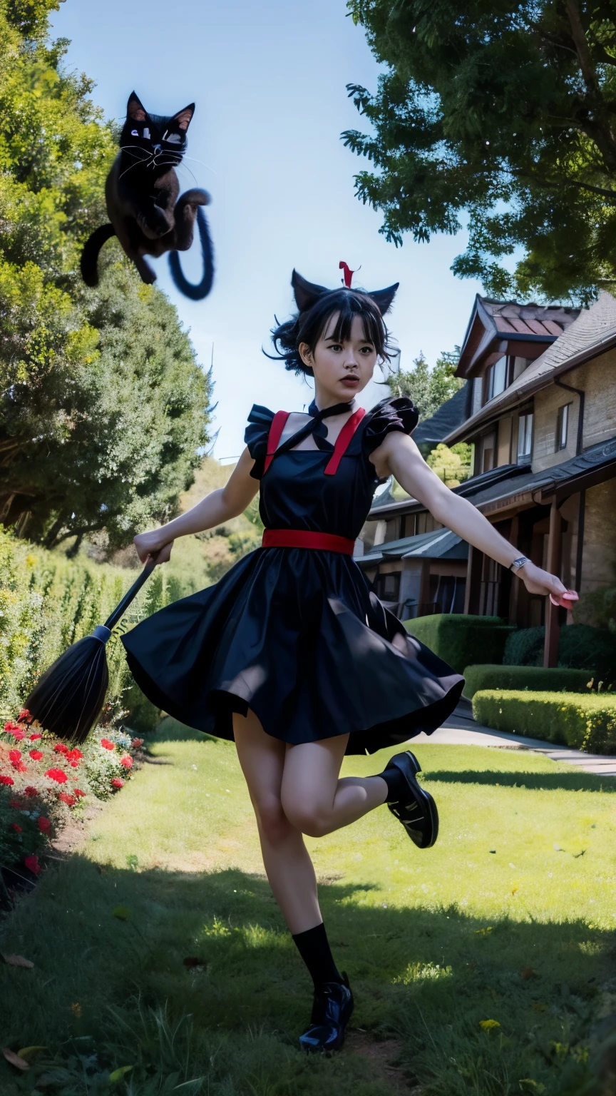 kiki's delivery service, Kiki wearing a big red ribbon and a black dress, Kiki flying in the sky on a broom, Kiki with her black cat Jiji, 8k, highest quality, masterpiece, Realistic, Super detailed, photo Realistic, Improvement of quality