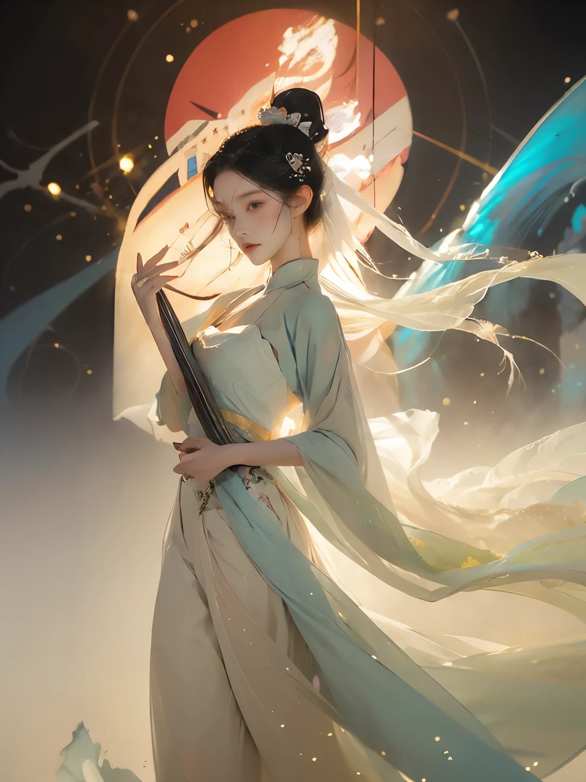 (1 Girl:1.4),Solitary, Gorgeous, Extremely detailed,(Joshua Middleton Comic Cover Art:1.1), (Action painting:1.2),(Concretism:1.2),(Hyperpolarization:1.5),rich and colorful,The most detailed,white gray background, White Hanfu, Pastel colors, (masterpiece, Top quality, best quality, Official Art, beautiful and aesthetic:1.2),