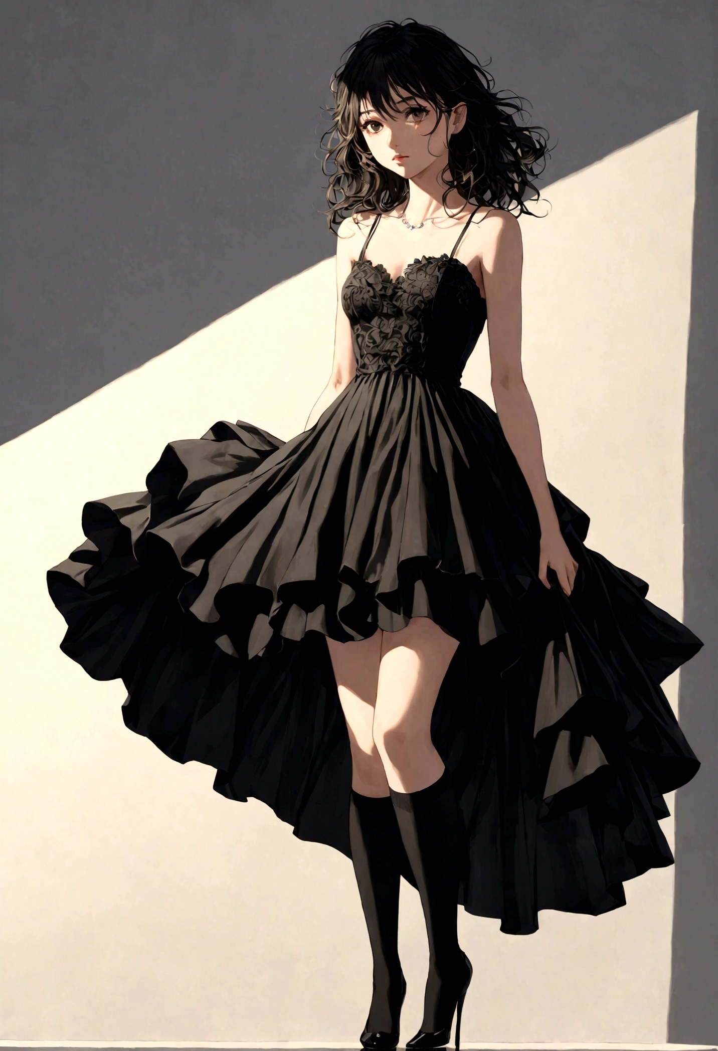 (Masterpiece), (Best Quality), (Super Detail), (disheveled Hair), (Illustration), (One Girl), Standing, Beholder, (Interview), (Simple Background), Finely Beautiful Eyes, Delicate Beautiful Face, Floating, (High Saturation), (Shine), Best Lighting, Best Shadows , Focus on Face,((full body in photo)), ((dress)) ,((black Over Knee Socks)),black high heels