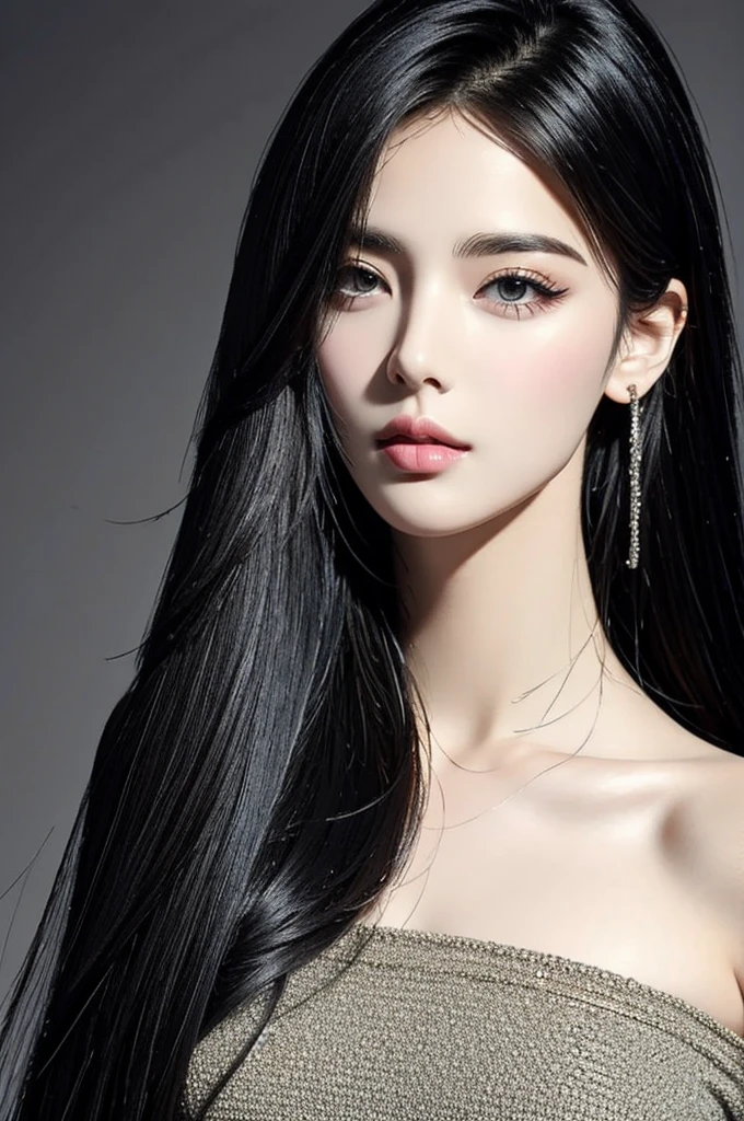 (best quality:1.4),(masterpiece:1.4),(photorealistic:1.4),close up, 1girl,(black long straight hair:1.4),(black clothes), (black background),