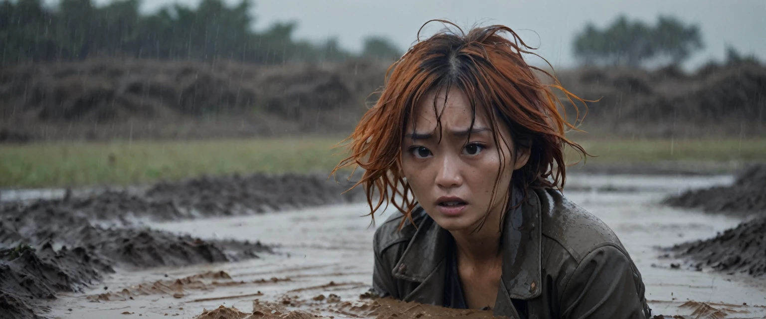 8k, ultra-detailed, documentary drama photo, grainy film photo, masterpiece,muted colors, muffled light, dusk, rainy, moody, noir, drowning, woman messy head completely drown in mud hole, shame expression, messy muddy orange brunette hair, depraved outfit,asian:0.5,faded leather jacket