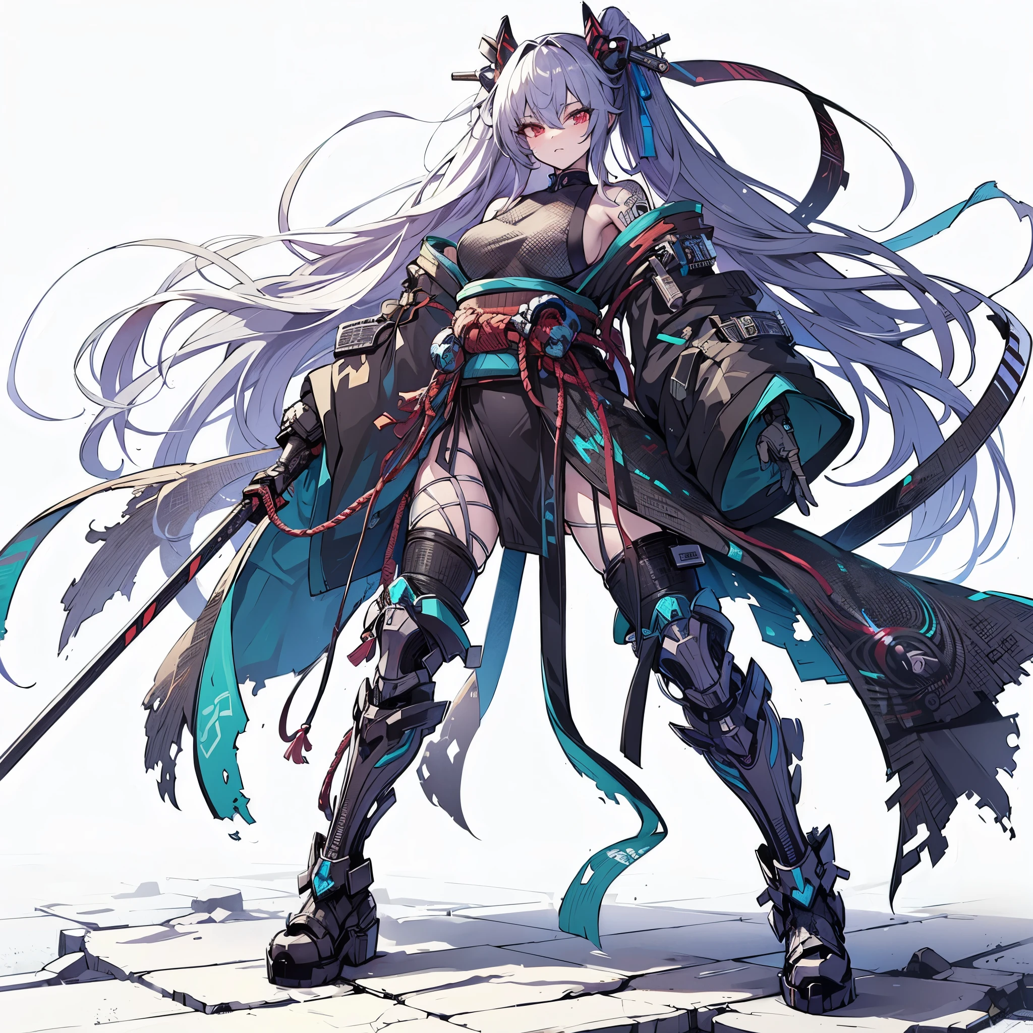 (Masterpiece, Top Quality), (Fine Hair), Ultra-Detailed, Anime Style, Solo, Full Length, Concept Art, Cyberpunk Oni-Demon Ninja girl, colored skin, long hair. wearing Cyber Kimono Wear. ultra-massive, ragged gauntlet, tall and stylish, hi-tech boots, VERY MASSIVE. Muscular but feminine body shape, White background, standing full length, standing on wasted earth,