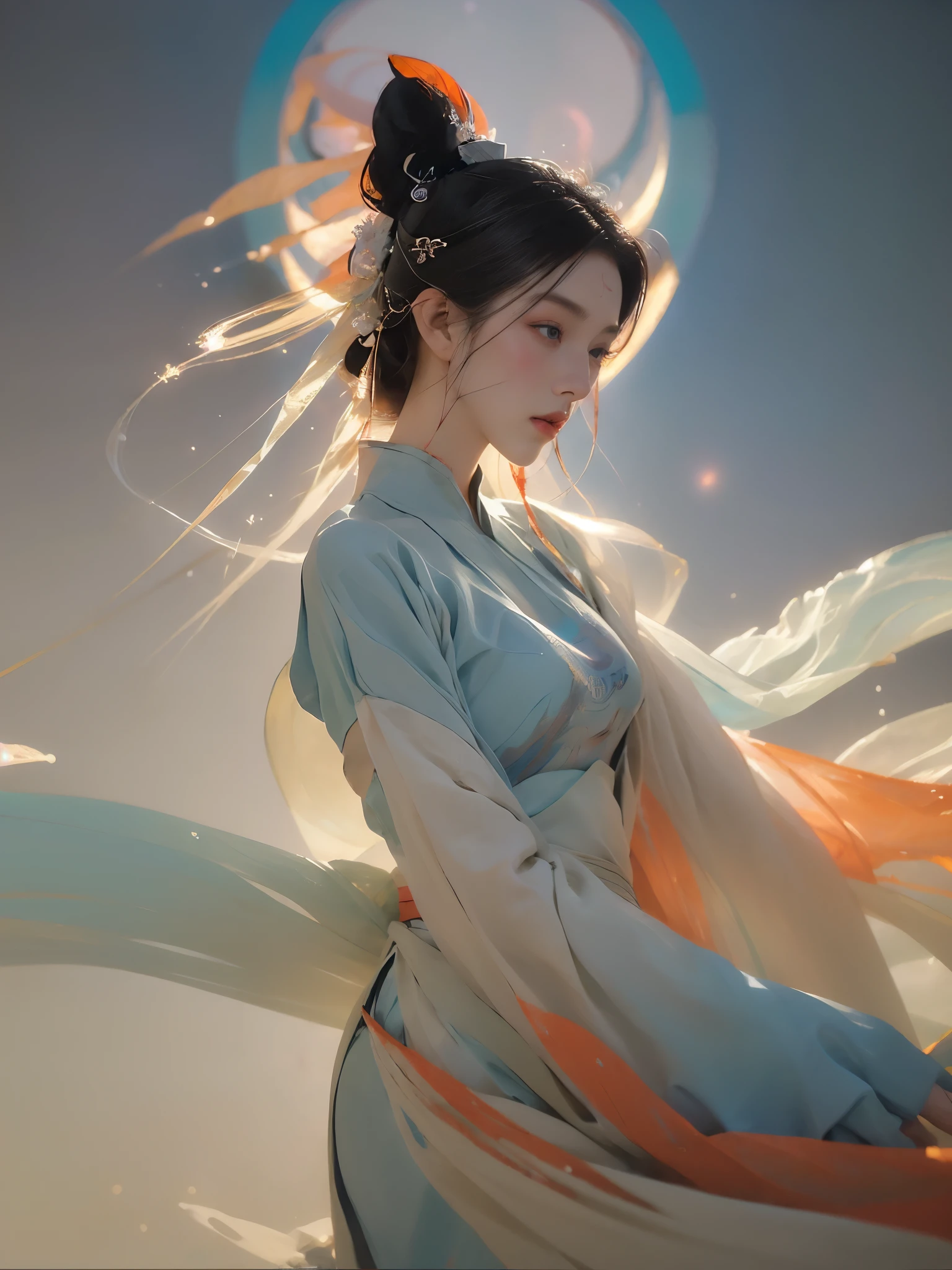 (1 Girl:1.4),Solitary, Gorgeous， Extremely detailed,(Joshua Middleton Comic Cover Art:1.1), (Action painting:1.2),(Concretism:1.2),(Hyperpolarization:1.5),rich and colorful,The most detailed,white gray background, White Hanfu, Pastel colors， (masterpiece, Top quality, best quality, Official Art, beautiful and aesthetic:1.2),