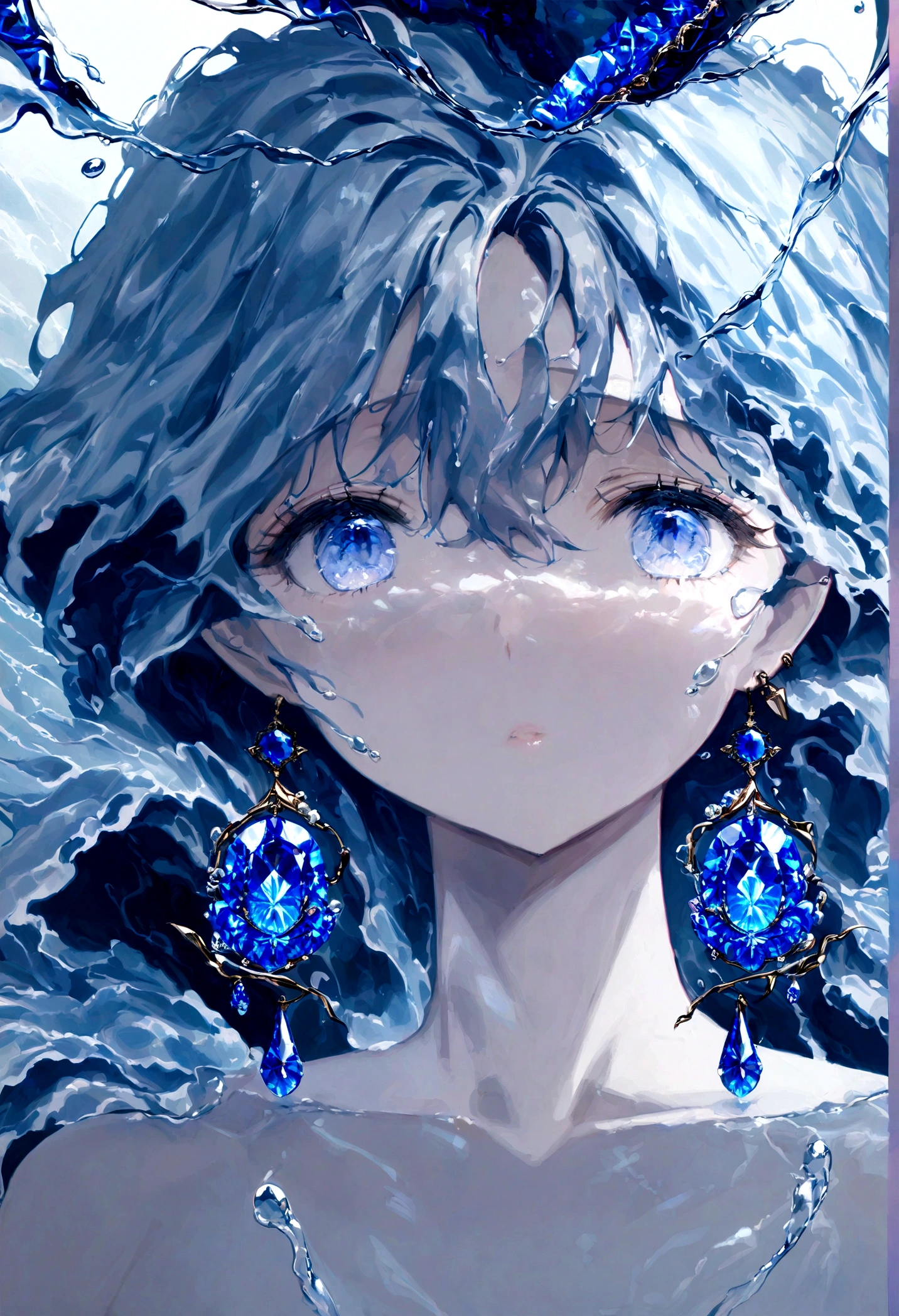 masterpiece, best quality,1girl, solo, blue eyes, blue hair, looking at viewer, jewelry, portrait, gem, blue theme, earrings, water, bangs, parted lips, hair between eyes, liquid hair, blue gemstone, collarbone, eyelashes