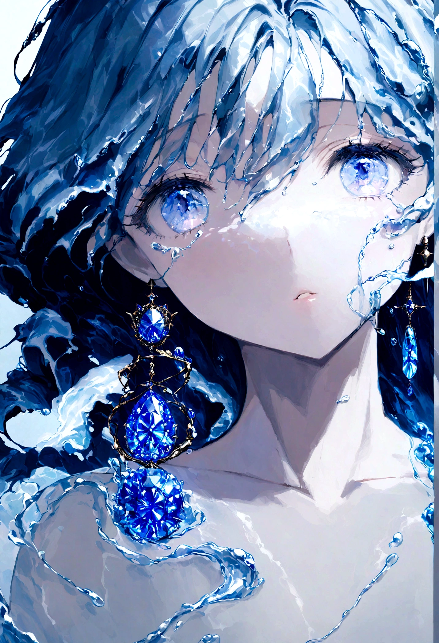 masterpiece, best quality,1girl, solo, blue eyes, blue hair, looking at viewer, jewelry, portrait, gem, blue theme, earrings, water, bangs, parted lips, hair between eyes, liquid hair, blue gemstone, collarbone, eyelashes