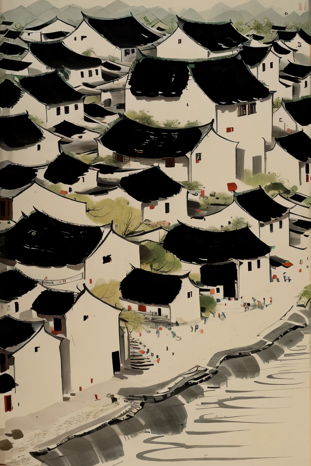 Wu Guanzhong style works，landscape painting，Tangmo Ancient Village in Southern Anhui， 