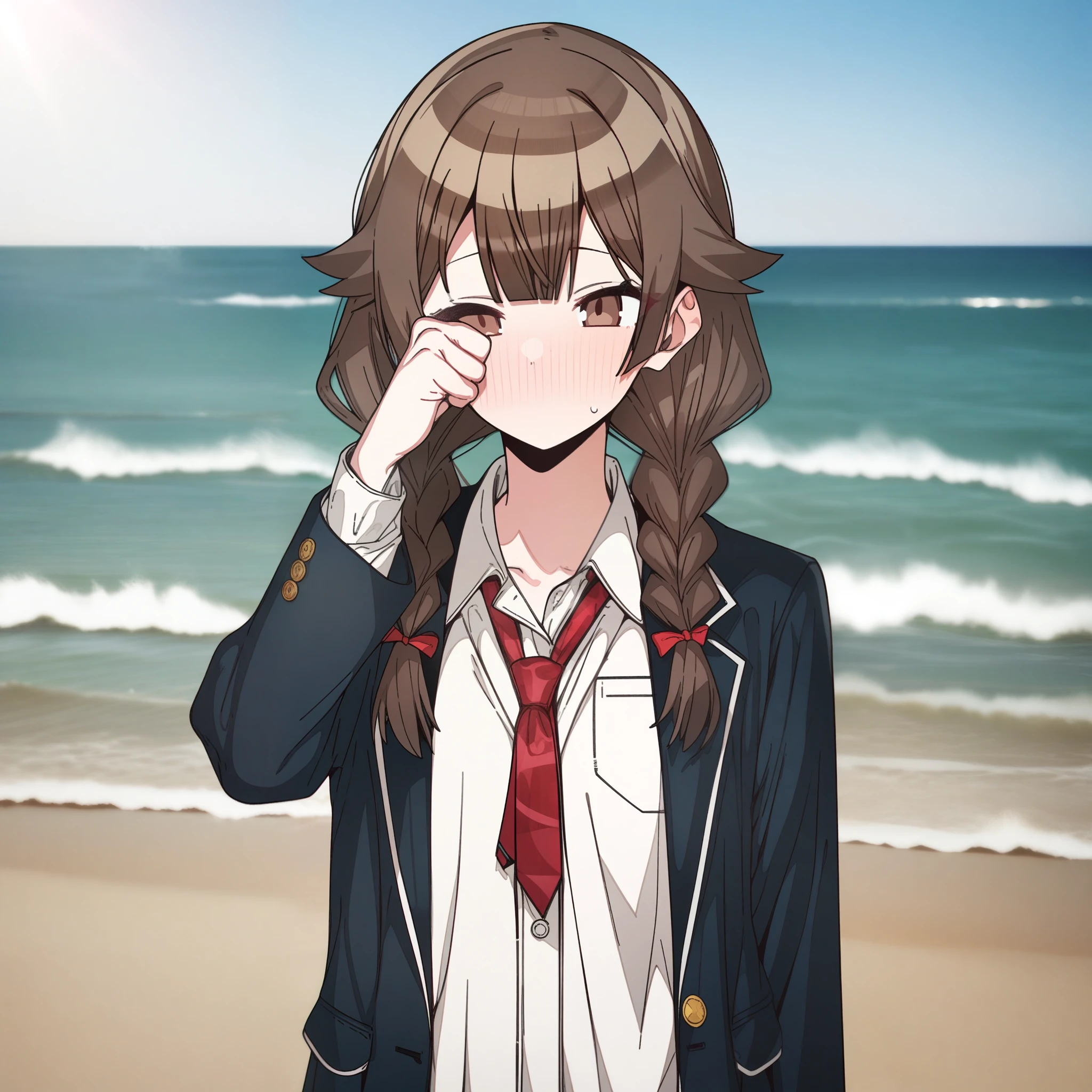 hoshino_(blue_archive) with brown hair and brown eyes, Artist, erere, Copyrights, idolmaster, idolmaster_shiny_colors, Character, General, 1girl, brown_hair, blunt_bangs, blush, medium_breasts, breasts, detailed eyelashes, beatiful girl:1, brown_eyes, censored, school_uniform, pleated skirt, blazer, hair_clip, twin_braids, rubbing_eyes, sleepy, red tie, (full_body) (standing in middle, beach), sky:0.7, half-closed_eyes, detailed, sand, outdoors, looking_at_viewer, masterpiece, best_quality, great_quality, girl, solo, center_composition, centered character, cute
