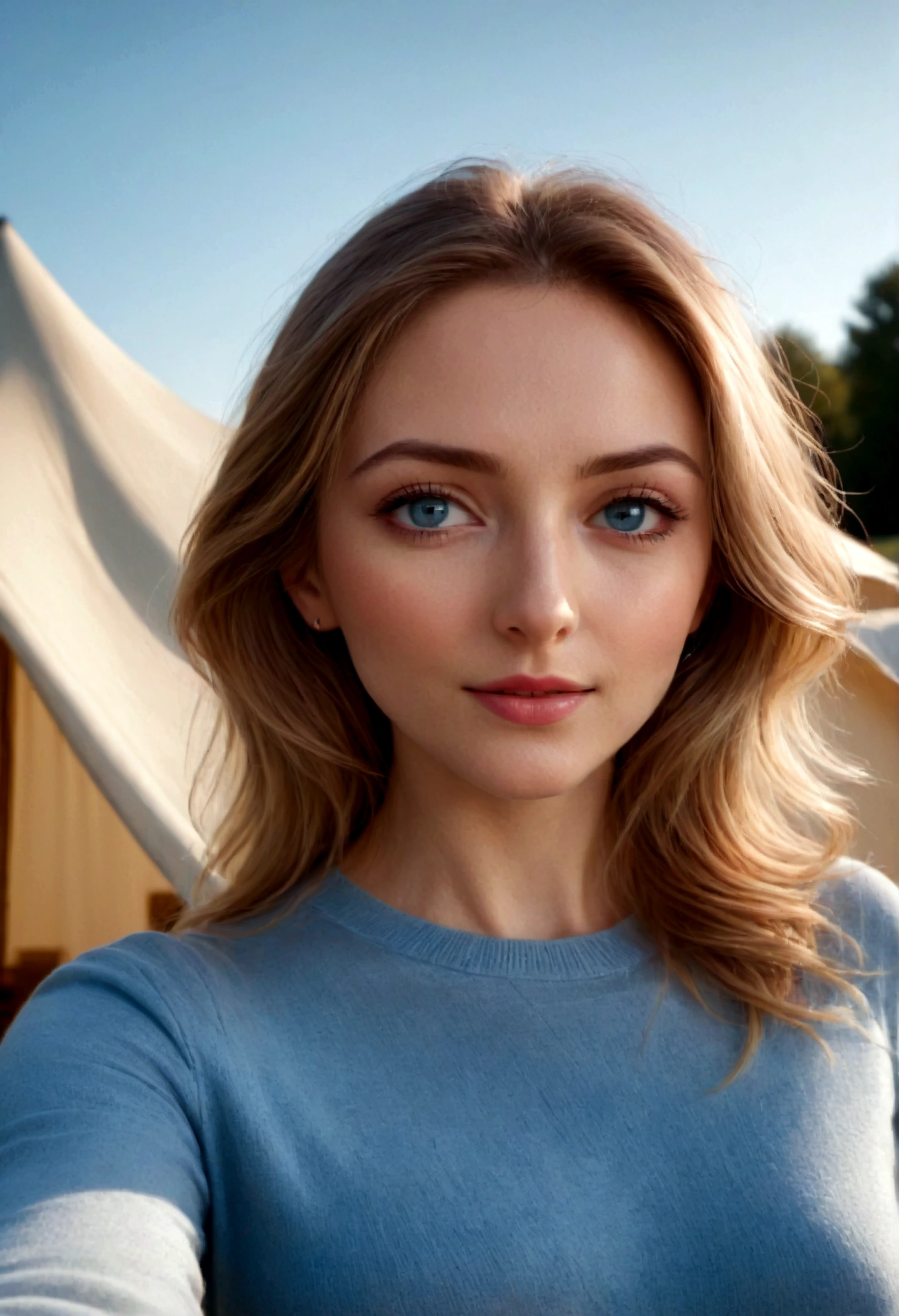 1 woman realistic, American, beautiful, (selfie, happy) , Masterpiece, Best Quality, Ultra-detailed, Solo, exteriors, Nature (timeless elegance), cheerful, happy, Cosy in a chic, modern outfit contrasting with the old-world charm, Inside the tent , shadowy contrasts, a mysterious atmosphere, analog style, looking up at viewer, skin texture, film grain, warm hue, warm tone, close-up, Cinematic light, Sidelighting, ultra-Highres, best shadows, wearing an elegant pullover, Relaxed and intimate photos, with blue eyes , with long blond hair.

