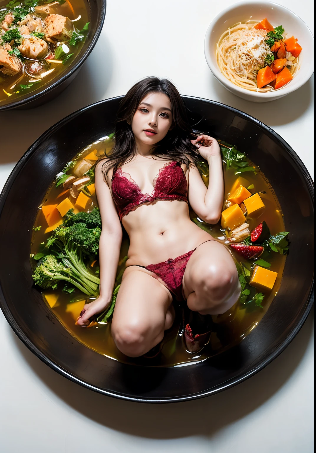 Masterpiece, best quality, beauty and aesthetics,(realistic:1.hotorealistic, girl lying in soup, ultra skin,{red lips|red lace bra, red lace underwear,long hair},Clear and bright eyes,1girl,minigirl,slim body,smile,small breasts,slim legs,flat chests,correct anatomy,many plate,dynamic pose,A girl {lying|staning|sitting|kneeling} in a {plate|bowl}, od|noodles|  cream| fruits| vegetables|nuts| soup), full body,a large table,knife, fork,shot from {above|front},wide-angle photography,realistic,realhands,((naked)).