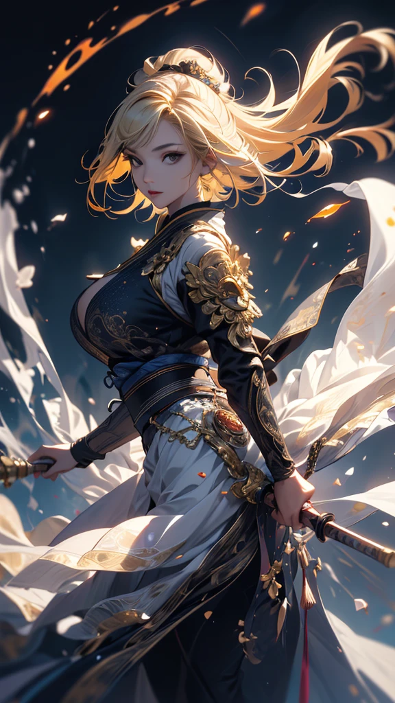 masterpiece, high quality, 4K, Beautiful design, silhouette,blonde, 非常に詳細な夜のStarry Sky,Flower Field, wonderful, Finer details, Very knowledgeable woman, Highly detailed solo, 1 female,Big boobs and aggressive,Wizard,Night view,Starry Sky,full moon,