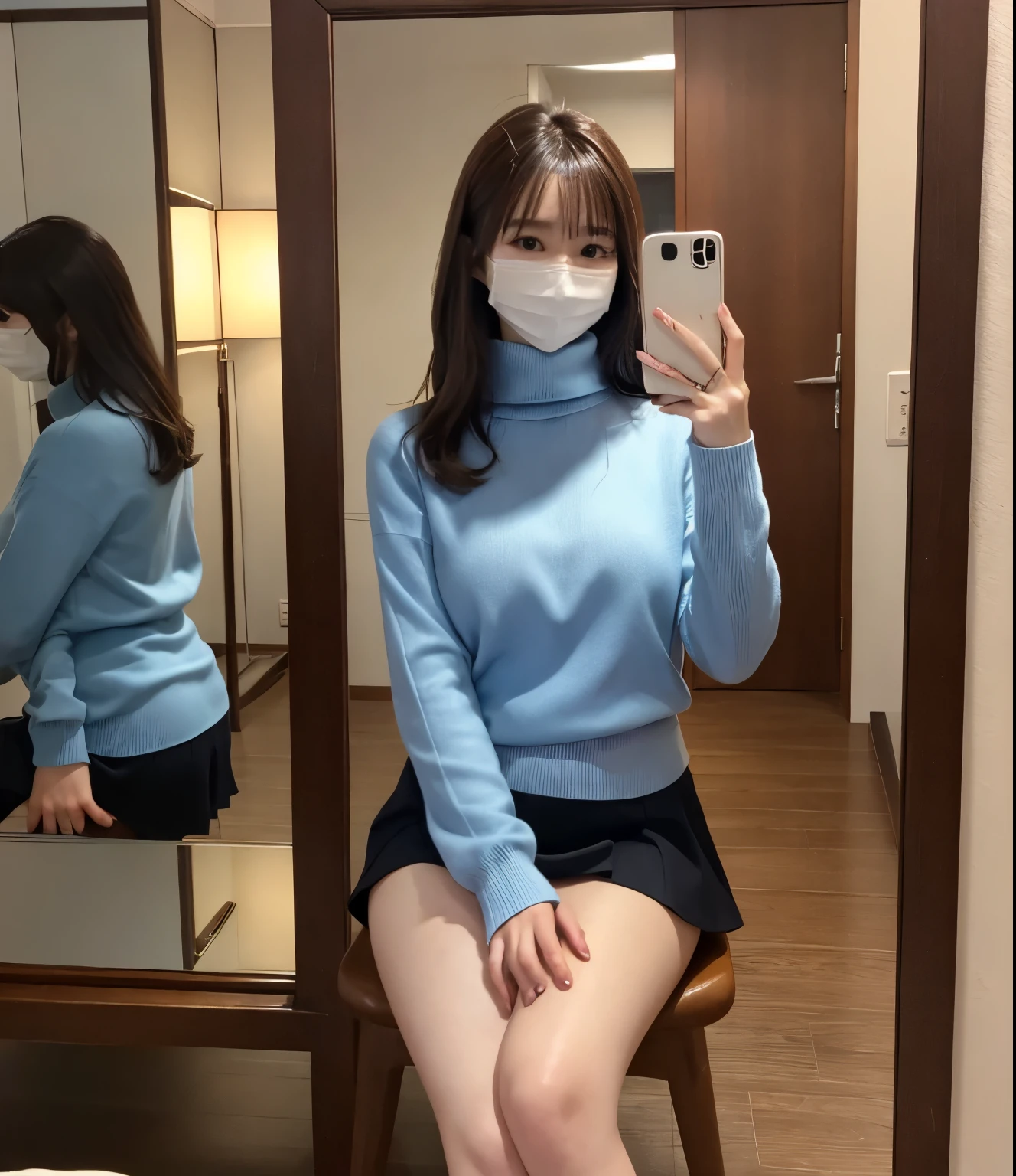 Japanese Beauty、Brown Hair、Selfie、White mask、White sweater、turtleneck、Black tight mini skirt、Thighs、Crossing your legs、indoor、Selfie、Mirror photo、Reflected in the mirror