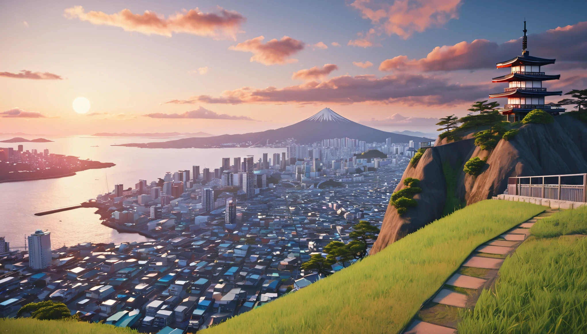 Cool colors, sunset, (shape: 1.0) , HD detailed, masterpiece, highest quality, (Highly detailed CG Unity 8k wallpaper), Japan, Residential area on a small hill, Overlooking the city buildings, Distant Port, No text