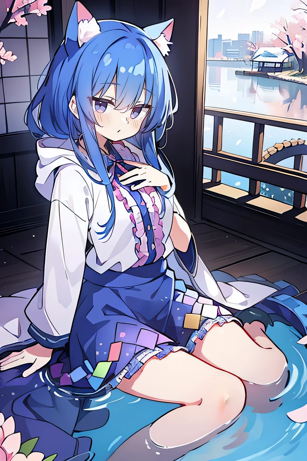 (masterpiece:1.2),Super detailed,lifelike,Expressive eyes,fair skin,perfect face shape,1 girl,
Japanese comics,Gorgeous blue hair,flowing blue hair,flowing clothes,Cat ears,Petals fall,beautiful lola,Baby Angel,
Shaking head with one hand,Cross your legs,Gentle and peaceful background,The pavilion is cool and comfortable,smile, wearing hoodie, background of tokyo,back views,snowing, winter,lie on the water.
