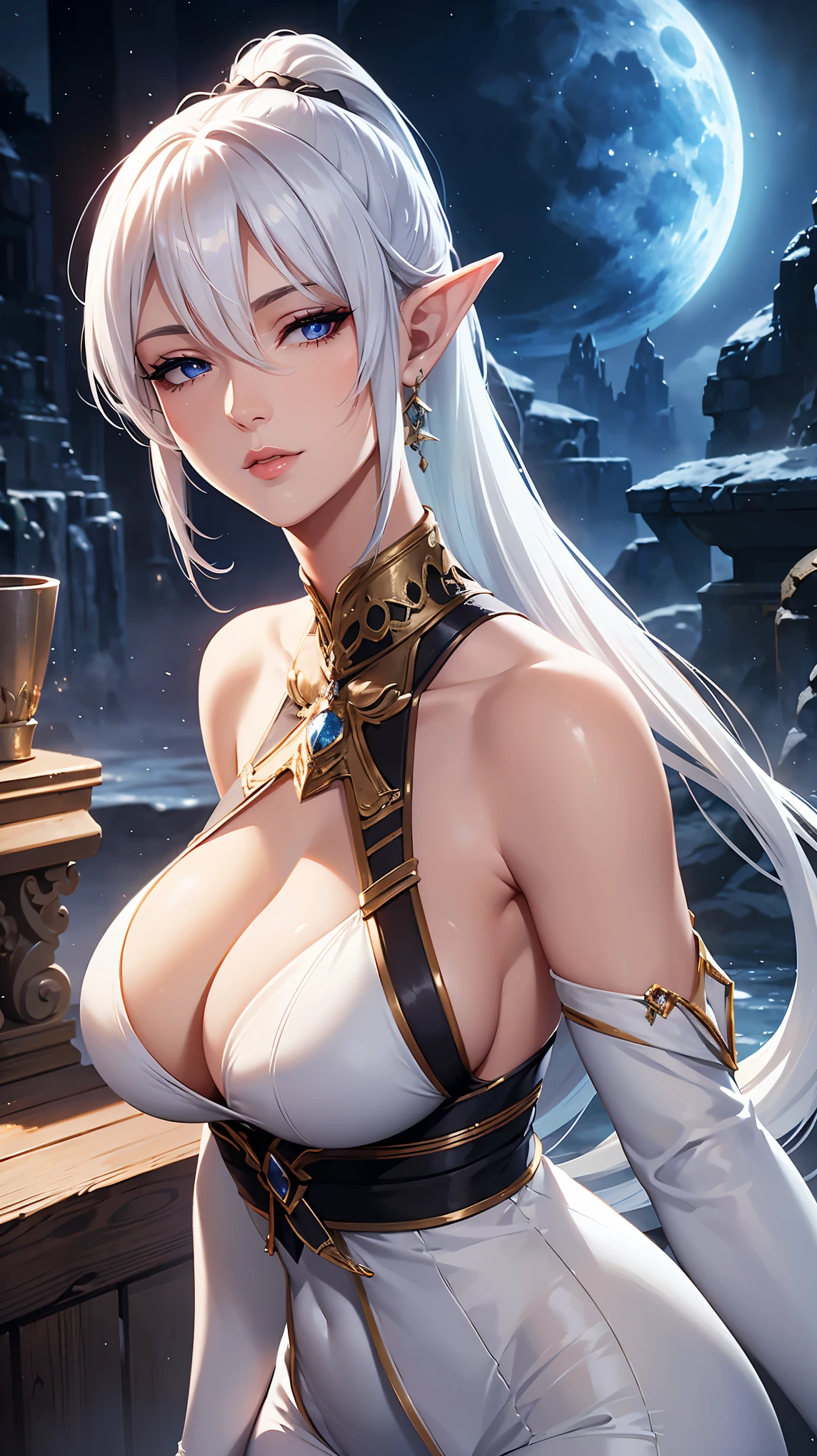 Upper body, Elf, elegant mature woman, white hair, long ponytail, perfecteyes eyes, bare shoulder, long leggings, fantasy world, medieval, moonlight, 4k resolution, high quality