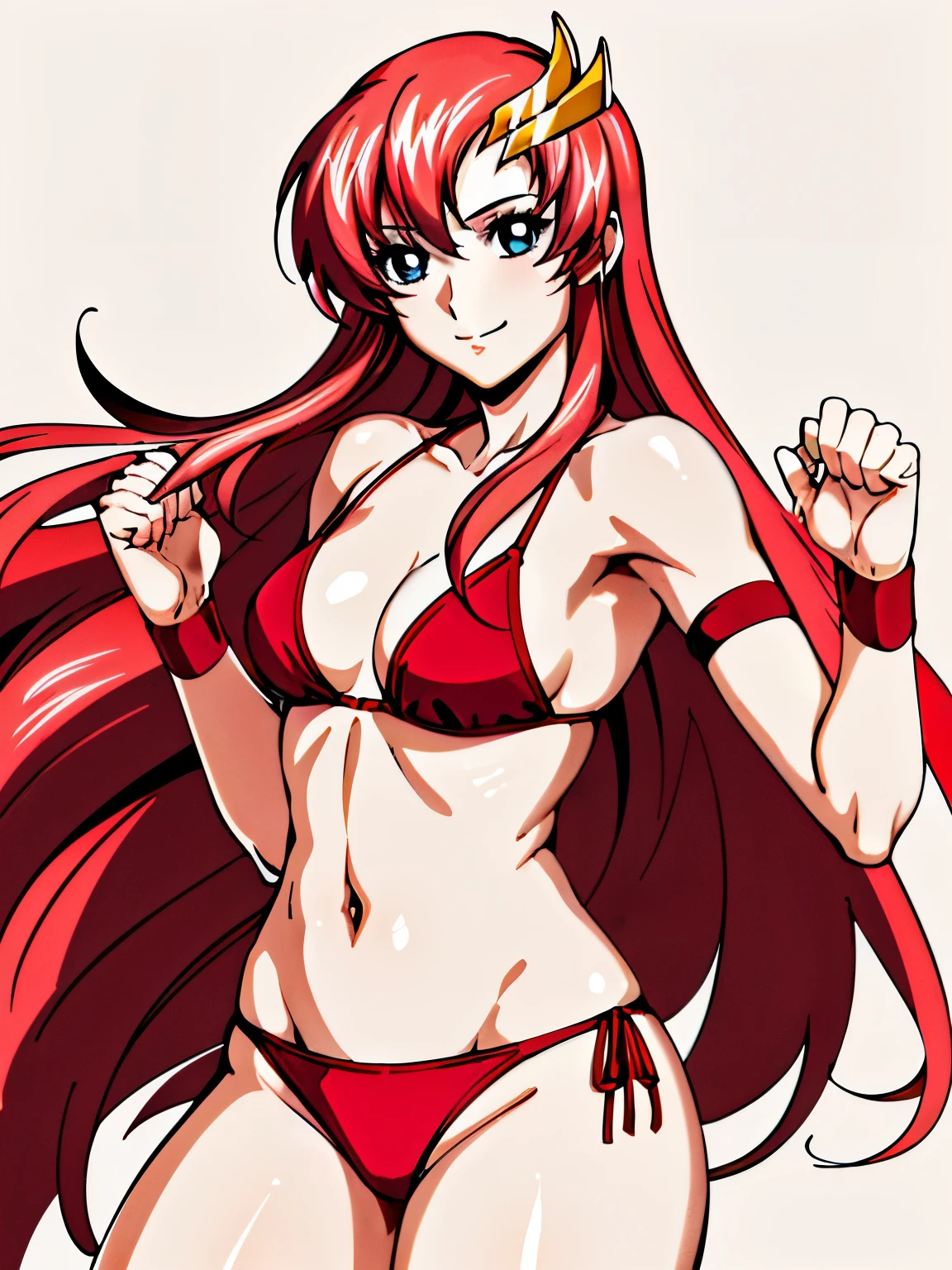 lacus4, (red bikini, running, thong, thin girl, ((solo:1.2, 1girl)), masterpiece, cowboy shot, very slim shoulders, 4K, Best Quality, Anime style: 1.9, happy, Adult Woman, (ultra detailed head), (Drawing lines, high resolution, lacus4), 1girl, Solo, curvy figure, Long hair, clavicle, scapular, (Detailed wide hair bangs, Hair Ornament, Detailed reddish-pink hair, shiny streaks, slim arms, detailed golden crest), cleavage, large hands, (hair cover shoulders). (Big blue eyes, shiny eyes), ((female wrestler, (slim body), slim arms, thighs)), ((perfect proportions, medium-small breasts, medium thighs, long belly, closed fists, closed fists)), ((totally red bikini)), smile with a wink, (T pose, hot colors), detailed fingers, (bare shoulders), (simple white background only)