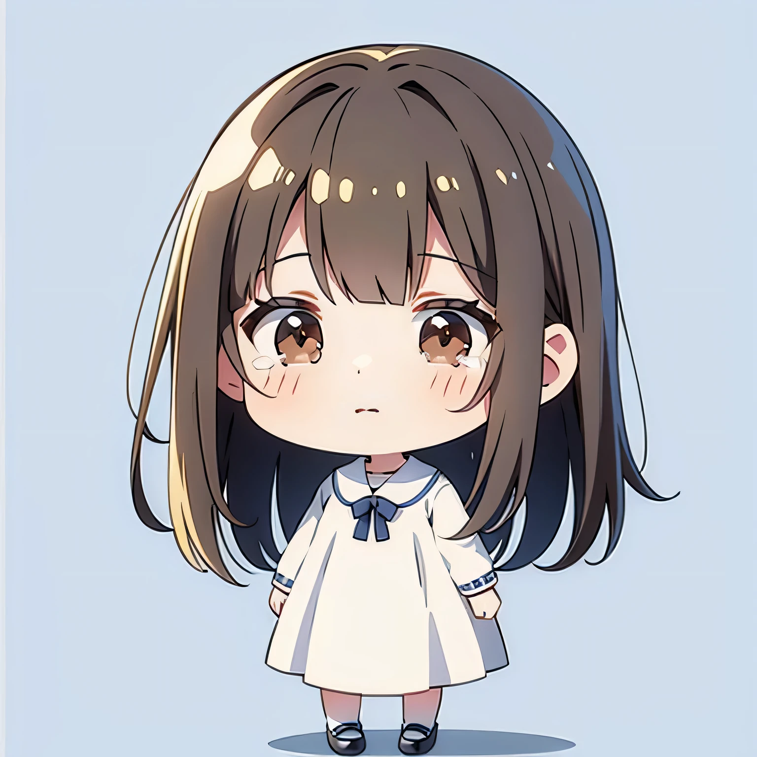 high quality、Brown Hair、amount、Bob Hair、Medium Hair、Amount、amount、bangs、Ear hook、Bangs are worn on the ears、Chibi Character、White casual dress、Frill dress、Simple Background、White background、Beautiful and detailed、Long eyelashes、cute、girl、shoes、amount、Bangs are worn on the ears、flat avatar、Face the front、front、Look forward、Angle from the front、Crying face、Tears in my eyes