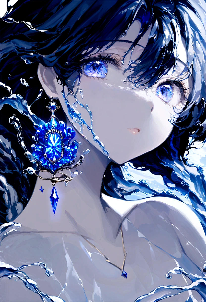 masterpiece, best quality,1girl, solo, blue eyes, blue hair, looking at viewer, jewelry, portrait, gem, blue theme, earrings, water, bangs, parted lips, hair between eyes, liquid hair, blue gemstone, collarbone, eyelashes