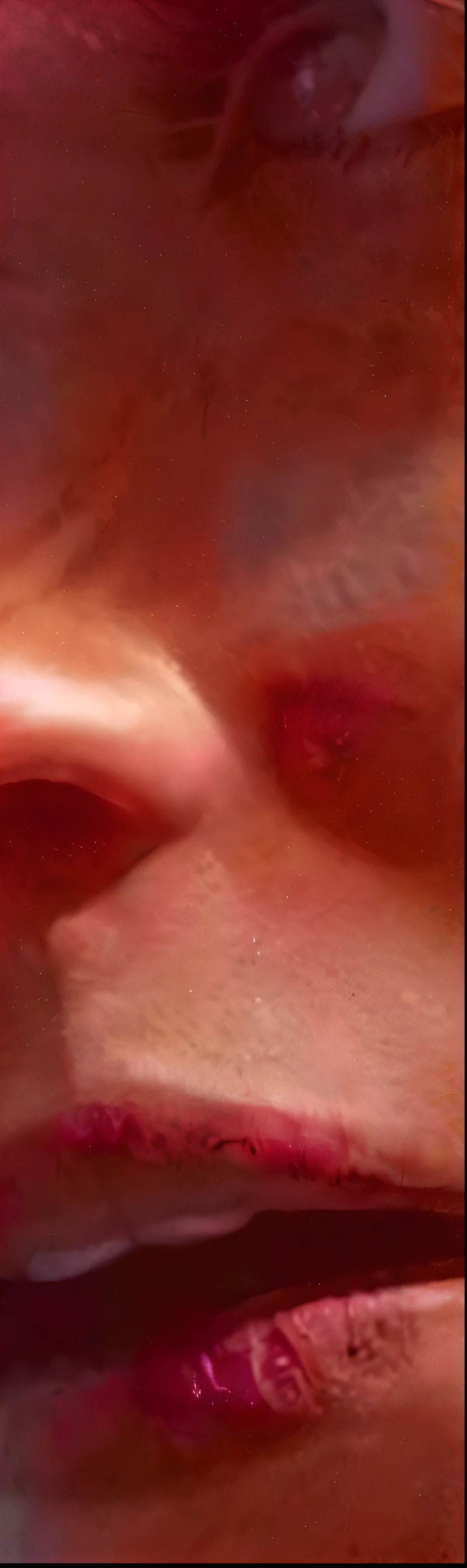 there is a close up of a woman's face , neck zoomed in from lips down, big nostrils, wide nostrils, very small lips, small lips, small lips pointy nose, normal nose, smaller nose, bulbous nose, close up at face, closeup of face, round bulbous nose, slightly larger nose