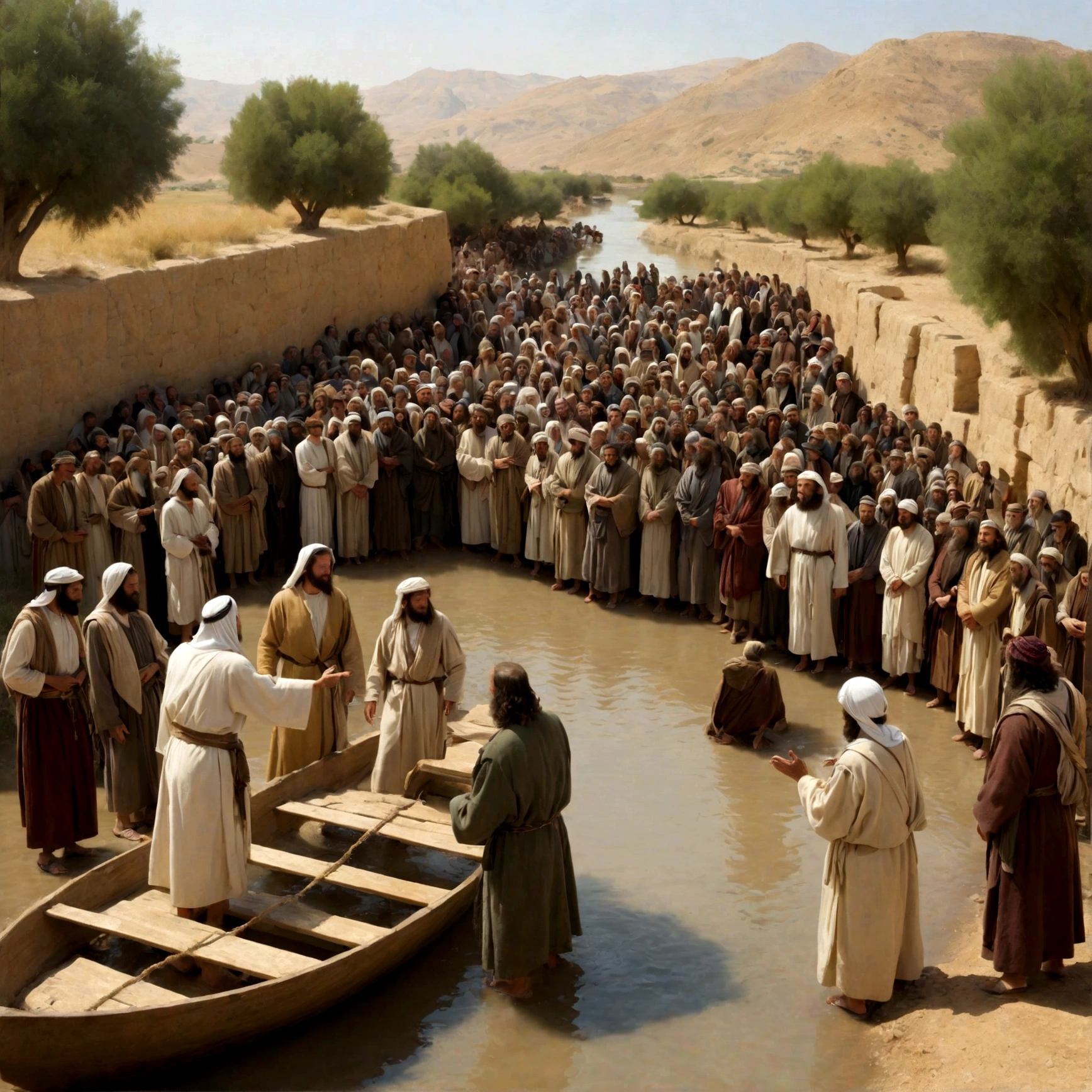 During the time of Jesus, the people of Israel were diverse in their backgrounds, occupations, and beliefs, yet united by their shared heritage and faith. As Jesus crossed the Jordan River, he would have encountered a variety of individuals, each with their own stories and perspectives.
Among them were devout Jews who adhered closely to the teachings of the Torah and the traditions of their ancestors. These individuals would have revered Jesus as a fellow Jew and perhaps been intrigued by his teachings and actions, which challenged conventional religious norms.
There were also those who held positions of authority within the religious and political structures of Judea, such as Pharisees, Sadducees, and members of the Sanhedrin. Some of these figures would have been skeptical or even hostile towards Jesus, viewing him as a potential threat to their power and influence.
Additionally, Jesus would have encountered ordinary people from all walks of life: fishermen casting their nets into the river, farmers tending to their crops in the surrounding fields, merchants trading goods along the riverbanks, and families going about their daily lives.
Among the crowds that gathered to witness Jesus' crossing of the Jordan, there may have been individuals who were marginalized or outcast from society, seeking hope and healing in his presence. Jesus' message of love, compassion, and inclusion would have resonated deeply with these individuals, offering them a sense of belonging and dignity.
Overall, the people of Israel at the time of Jesus' crossing of the Jordan River represented a diverse tapestry of humanity, each person carrying their own hopes, fears, and aspirations. In the presence of Jesus, they found a beacon of light and hope, inviting them to journey towards a deeper understanding of God's kingdom and their place within it.