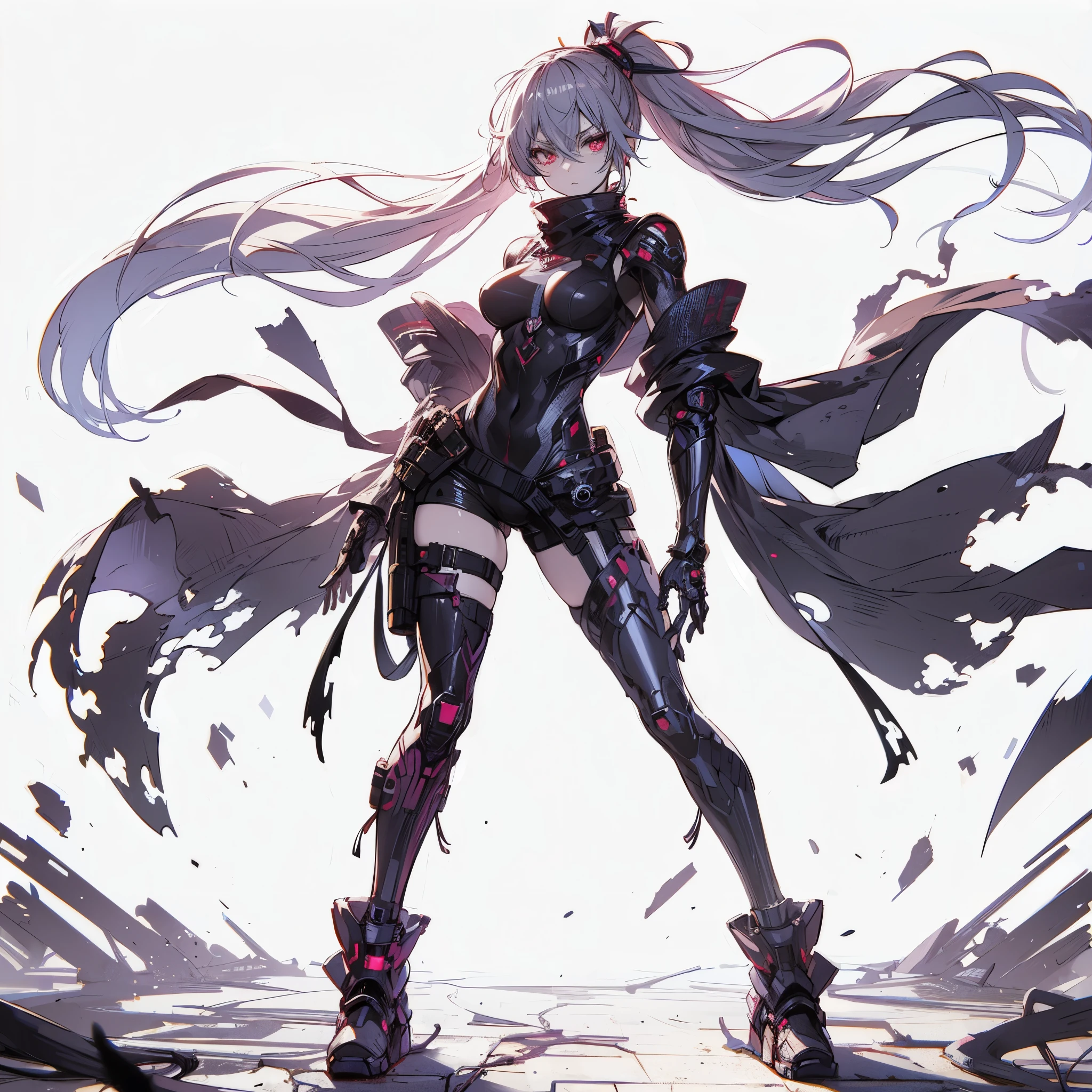 
(Masterpiece, Top Quality), (Fine Hair), Ultra-Detailed, Anime Style, Solo, Full Length, Concept Art, Cyberpunk ninja girl, standing still, VICTORIOUS, metallized body, neon-red eyes. ultra-massive, ragged gauntlet, tall and stylish, hi-tech boots, VERY MASSIVE. Muscular but feminine body shape, White background, standing full length, standing on wasted earth,
