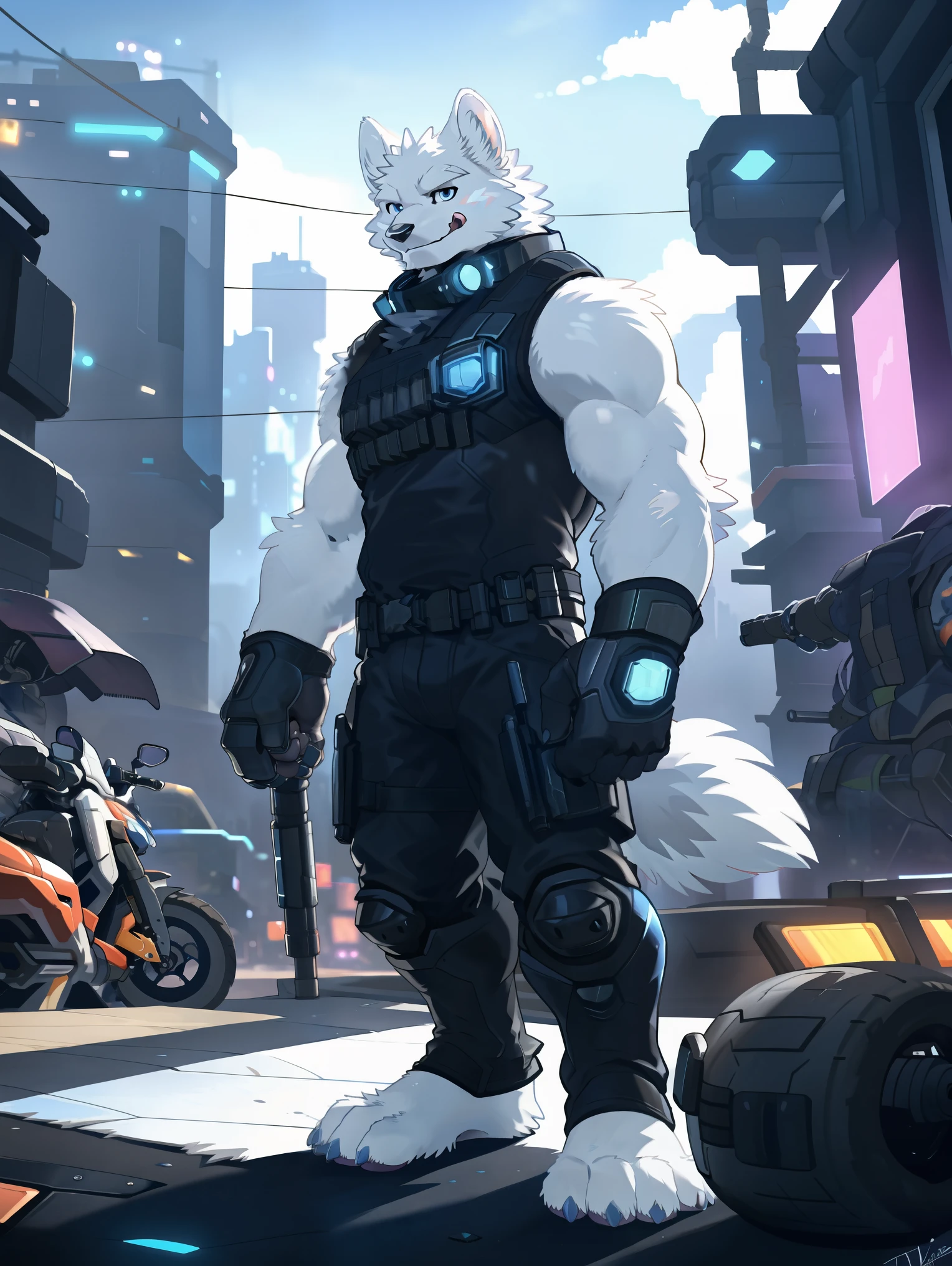 ((all white fur:1.5)), solo, Perfect sky blue eyes, Spike Collar, (artist:Takemoto Arashi), Mature face, elder, longeyelashes, Wearing actical functional work colthing|Black pants, ((Thin and tall figure)), Sit next to the motorcycle, city wall background, barefoot, fang out, Smile evilly, (Cyberpunk:1.5), oral invitation, local ruffian, rogue, maliciously, licking lips, There is a high-tech motorcycle next to the character., Look at the audience, first-person view, from side, atmospheric perspective, super detail, high details, 8k