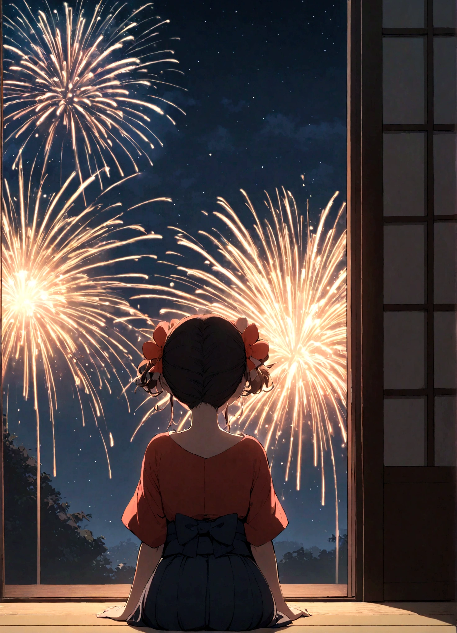 One girl, alone, SW Maiko Girl, Watching fireworks from a Japanese-style room on a hot summer night, Continuous fireworks, A spectacular fireworks display, 