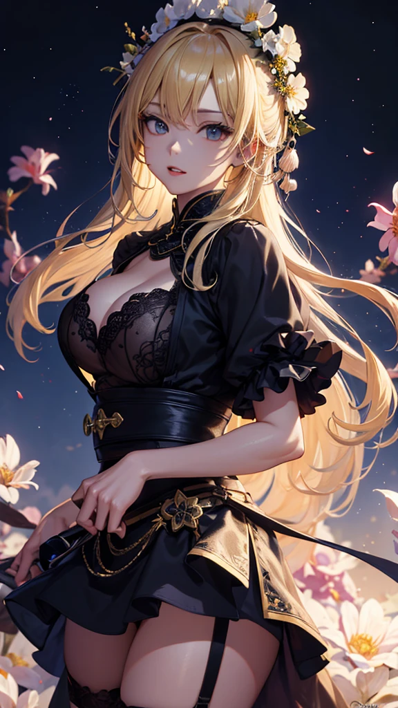 masterpiece, high quality, 4K, Beautiful design, silhouette,blonde, 非常に詳細な夜のStarry Sky,Flower Field, wonderful, Finer details, Very knowledgeable woman,Devil Highly detailed solo, 1 female,Big Breasts,camisole,mini skirt,garter belt,Night view,Starry Sky,full moon,