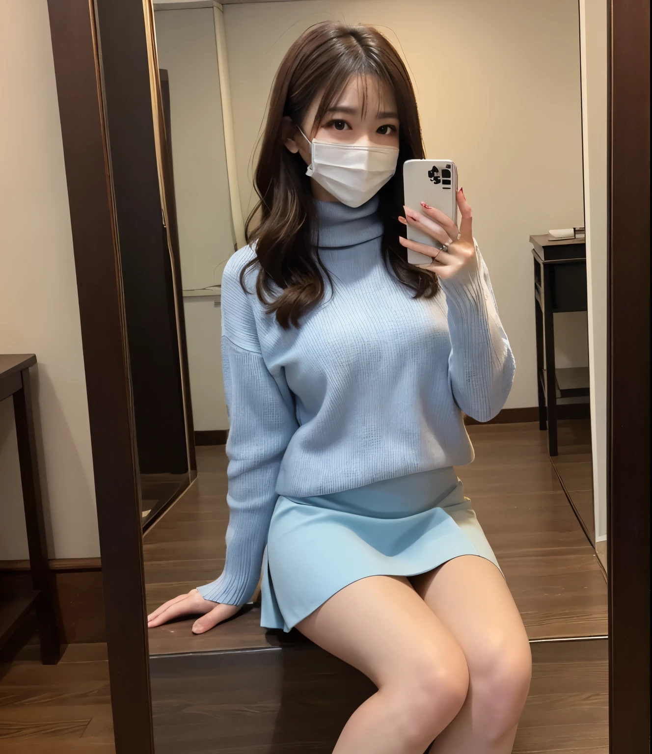 Japanese Beauty、Brown Hair、Selfie、White mask、Light blue sweater、turtleneck、Tight mini skirt、Thighs、Crossing your legs、indoor、Selfie、Mirror photo、Reflected in the mirror