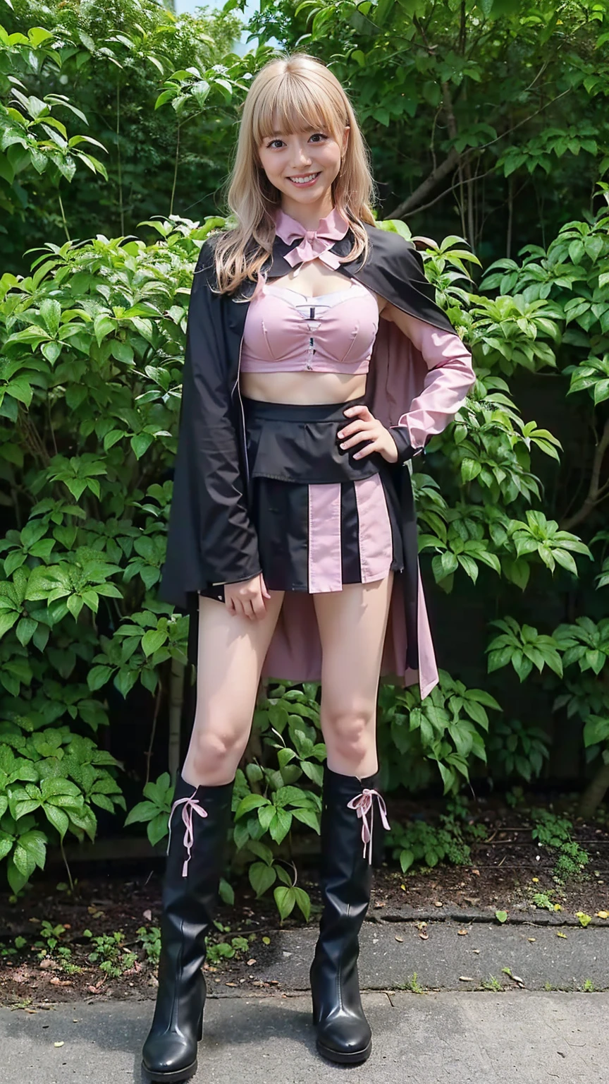 (8k、RAW Photos、highest quality、masterpiece:1.2)、(Realistic、Realistic)、1 girl、((Blonde、Pink bustier、Black Mini Skirt、Cape、Ribbon on chest、boots、Big Breasts、smile、whole body、garden、View from the front、Looking into the camera、Standing with one hand on one hip))、