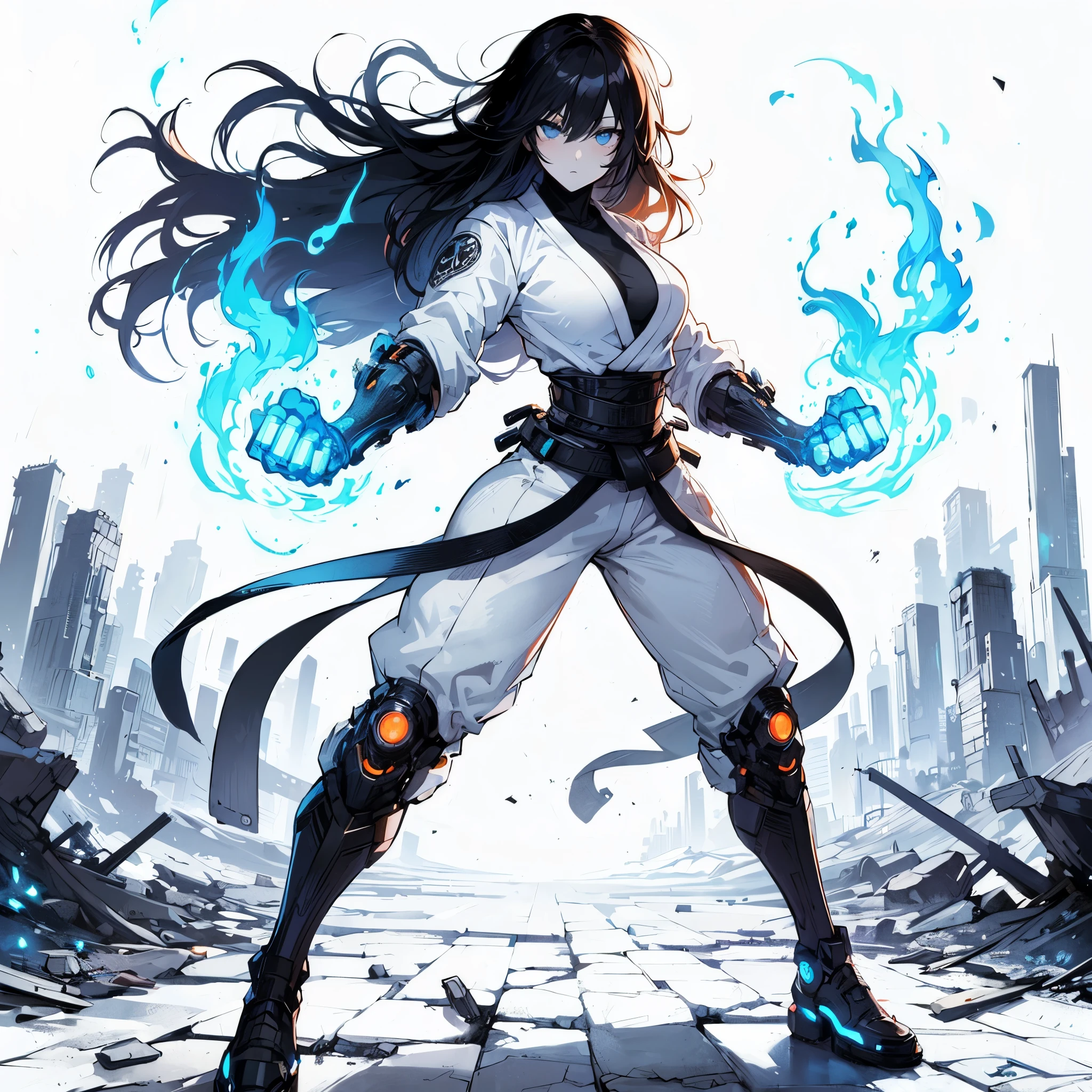(Masterpiece, Top Quality), (Fine Hair), Ultra-Detailed, Anime Style, Solo, Full Length, Concept Art, cyberpunk ninja lady, wearing white suits, flaming fists, black hair. judo black belt. ultra-massive, ragged gauntlet, tall and stylish, blue eyes, hi-tech boots, VERY MASSIVE. Muscular but feminine body shape, blue flame aura, White background, standing full length, standing on wasted earth,