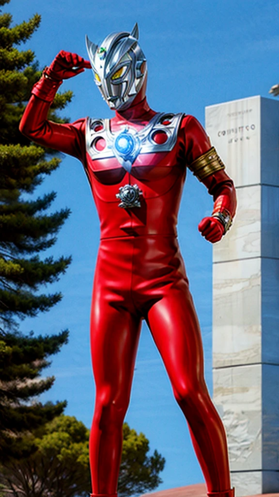 (masterpiece, best quality:1.2), 1boy, full body, solo, ultraman leo, over building, giant, red boots, red suit, gentleman pose