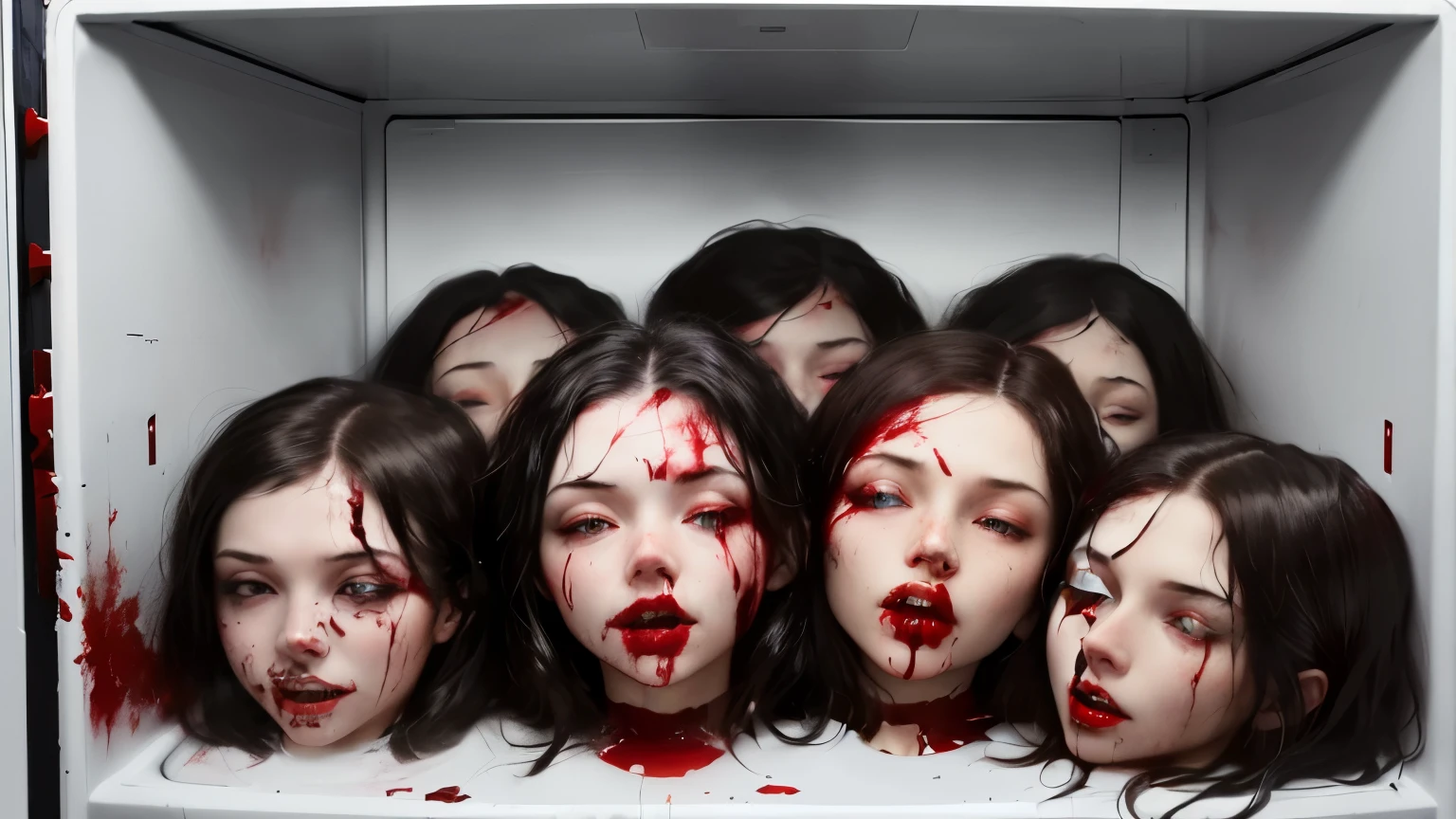 there are many women with blood on their faces in a refrigerator, inspired by Gottfried Helnwein, by Marina Abramović, horror photo, blood dripping down the head, horror photography, bleeding in the bath, bleeding audience, photography alexey gurylev, lots of blood, carmilla vampire, placed in a bloody hall, by Matija Jama