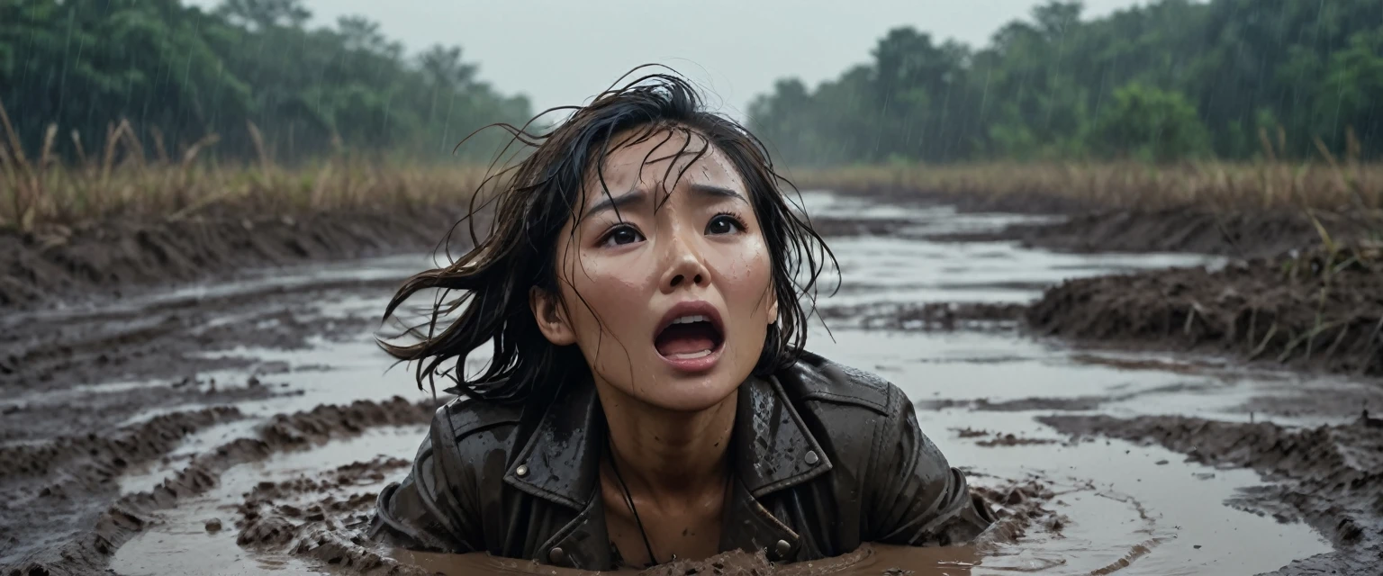 8k, ultra-detailed, documentary drama photo, grainy film photo, masterpiece,muted colors, muffled light, dusk, rainy, moody, noir, orgasm expression:1.2, drowning, woman messy head completely drown in mud hole, messy muddy brunette hair,asian:0.5,faded leather jacket