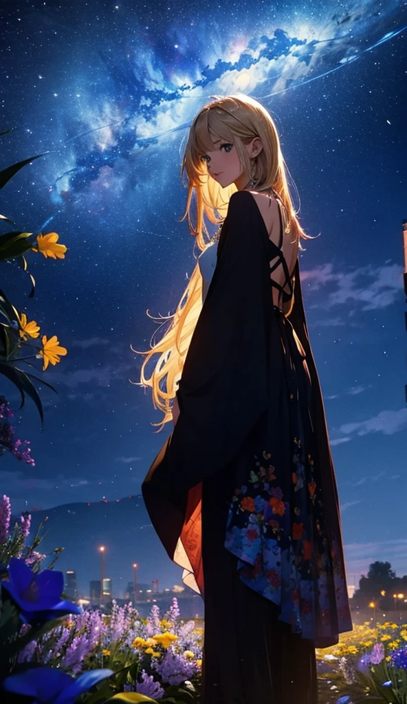 1people々々々々々々々々々々々々々々々々,Blonde long-haired woman, camisole,silhouette, Rear View,Space Sky, Flower Field,Colorful flowers