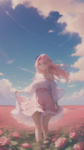 summer, desert, Pink Cloud, A beautiful girl stands in a field of roses, James Gurney, Rendered Art Station, Ultra-wide-angle lens, High resolution