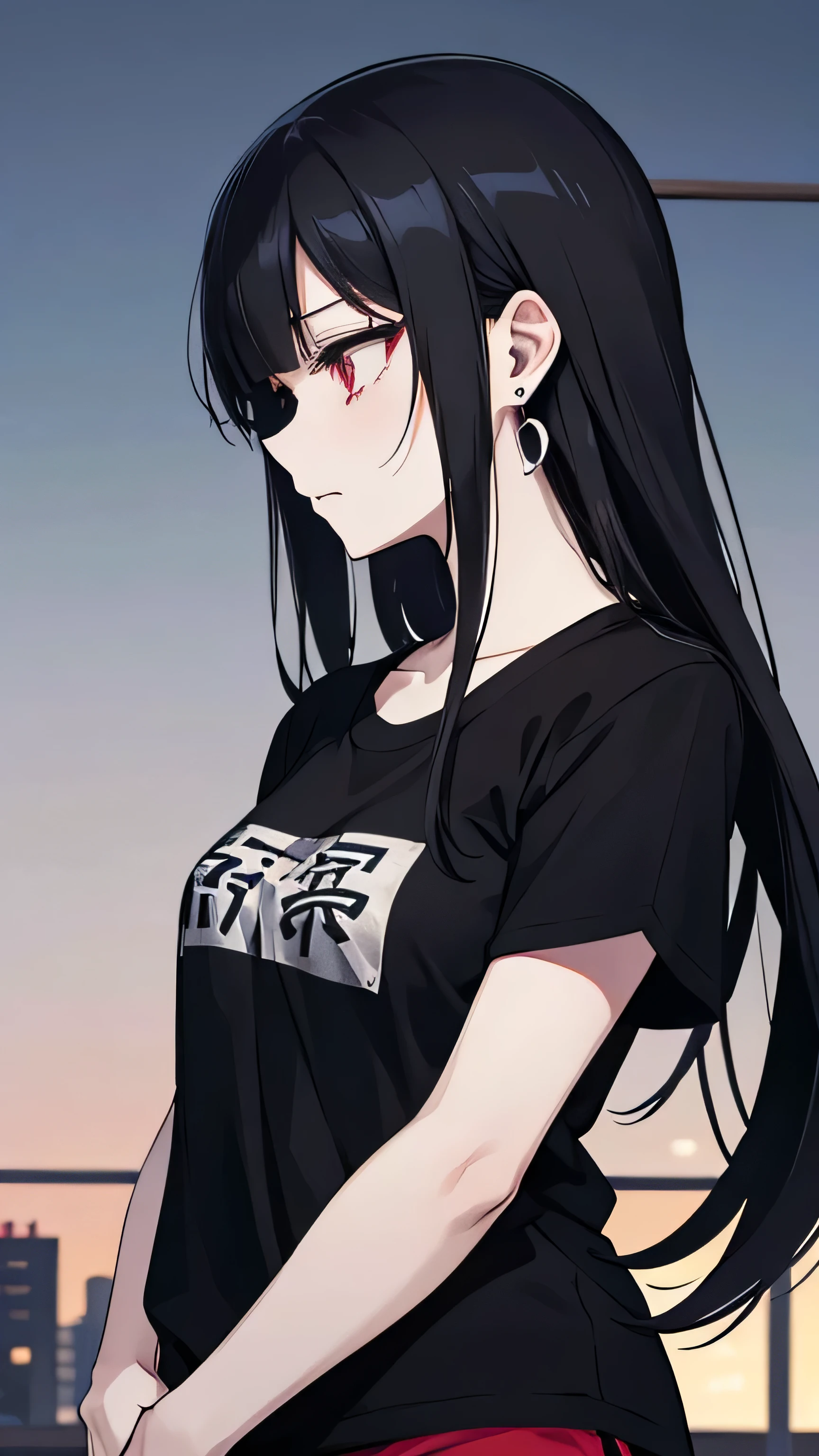 modern japanese woman, long black hair, yandere, grunge, ominous, eerie, Yokohama background, melancholic, jujutsu kaisen, dangly earrings, solo, black t-shirt with gym shorts