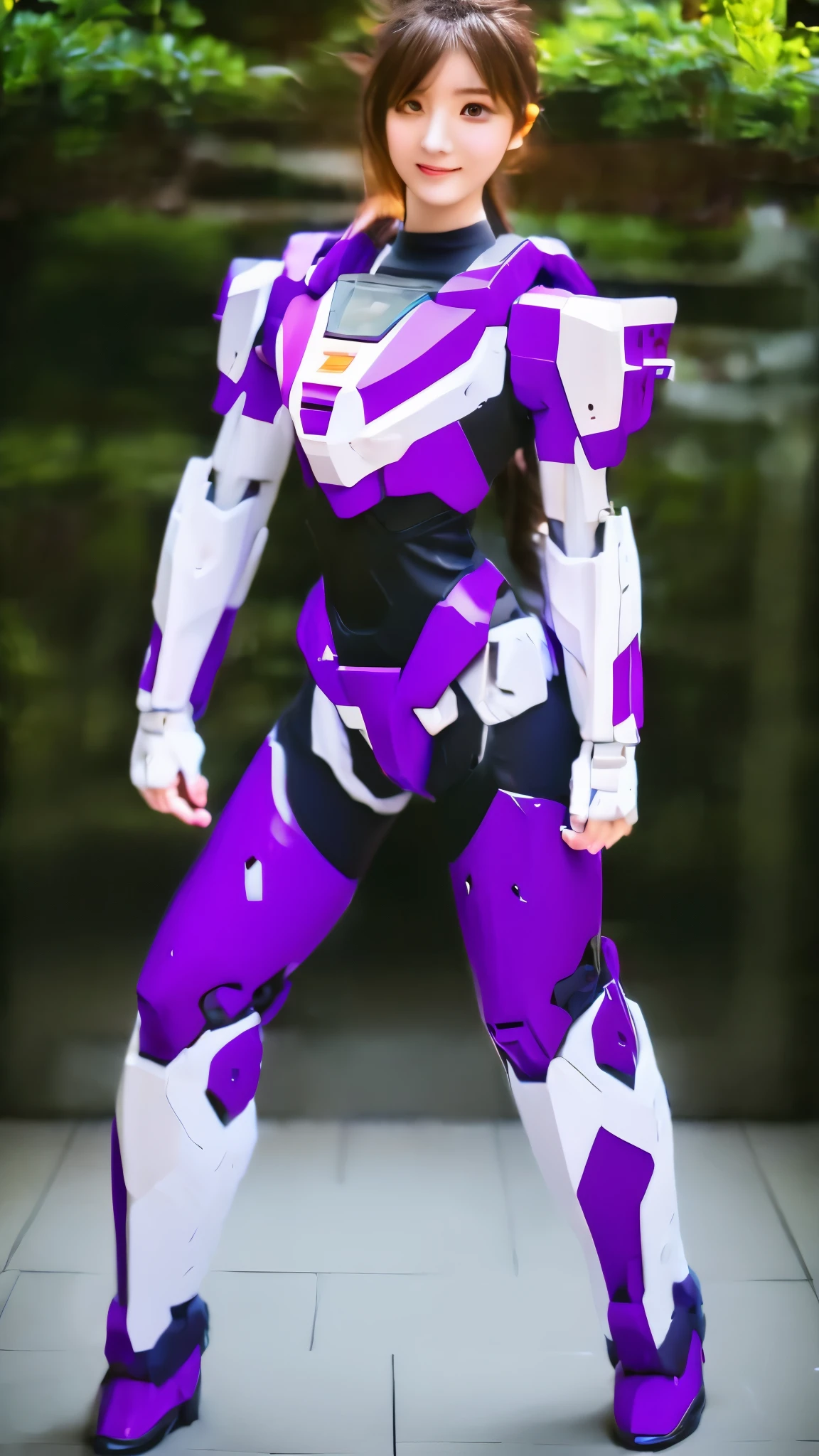 RAW, Masterpiece, Ultra Fine Photo,, Best Quality, Ultra High Resolution, Photorealistic, Sunlight, Full Body Portrait, Stunningly Beautiful,, Dynamic Poses, Delicate Face, wearing a mecha detector glass future transparent neon, Vibrant Eyes, a full body of a woman in a purple and white gundam custume, dybamic pose, pony tail long brown very very long hair rapunzel, girl in mecha cyber armor, portrait armored astronaut girl, d. va from overwatch, female mecha, on a gundam, gundam head, chiho aoshima color scheme, mobile suit, streamlined purple armor, fully robotic!! girl, realistic cosplay, gundam armor (dynamic pose) (best cameraview), full body, sit down, full body